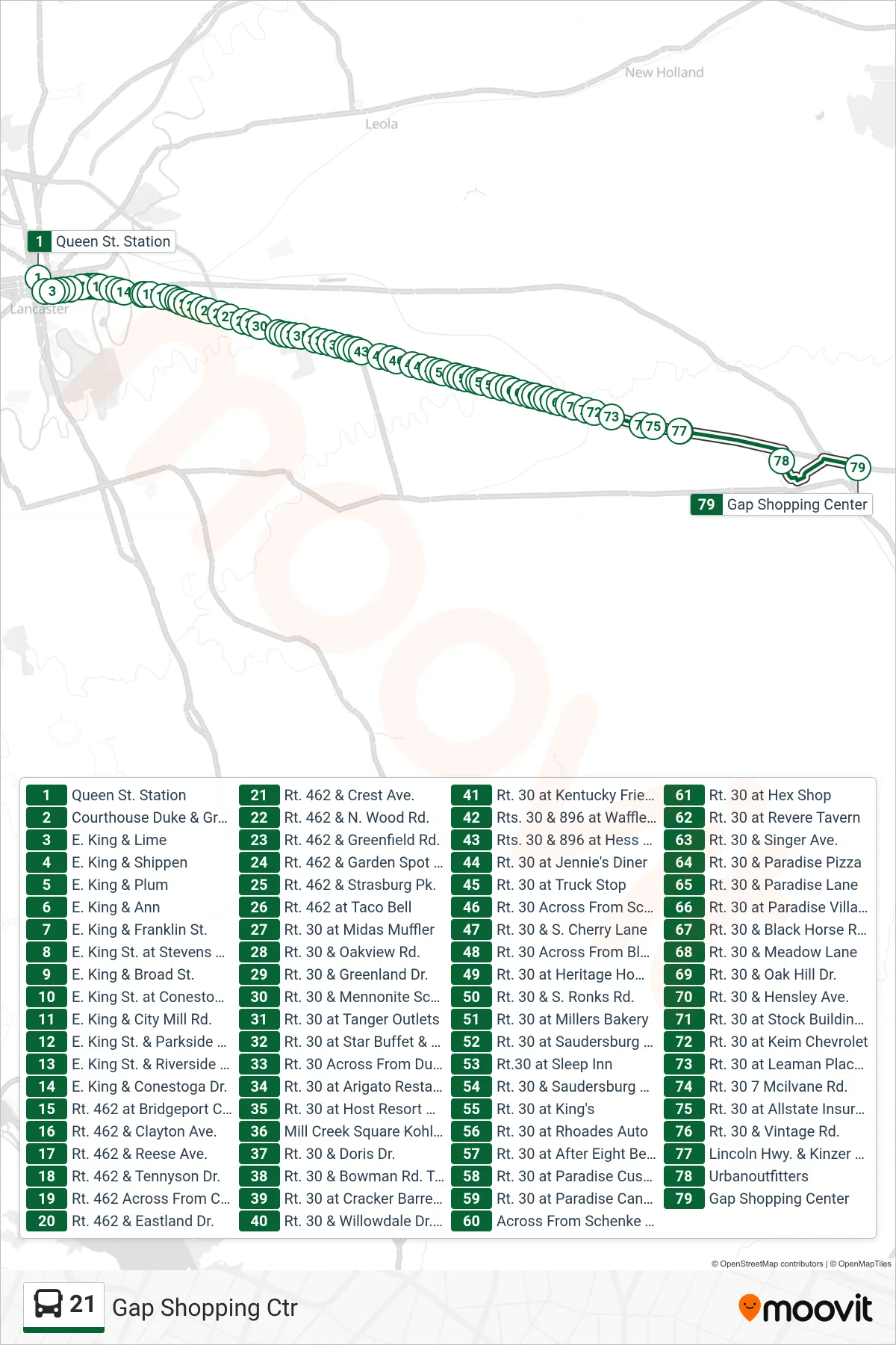 21 bus Line (Gap Shopping Ctr) route and stops on a map