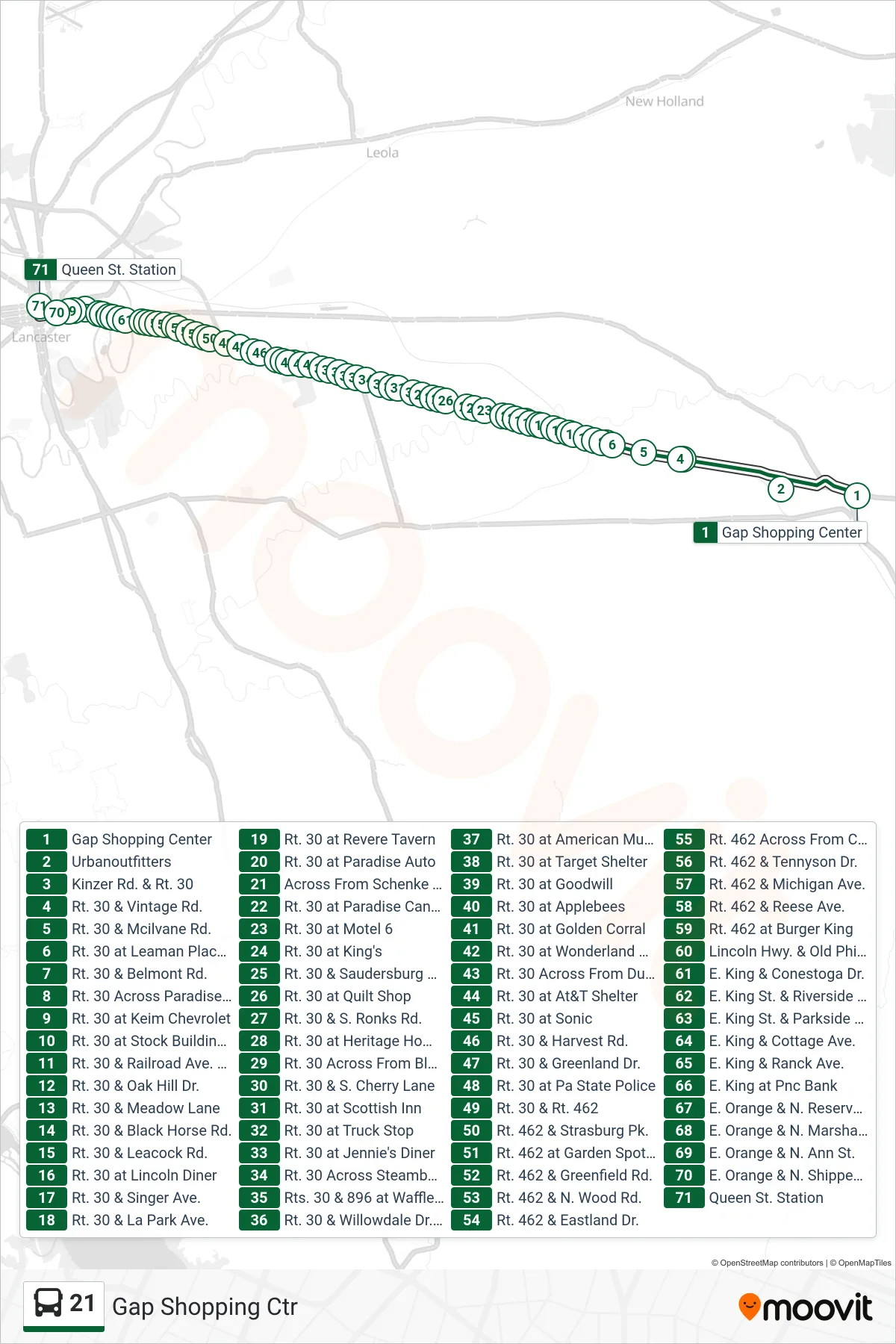 21 bus Line (Gap Shopping Ctr) route and stops on a map