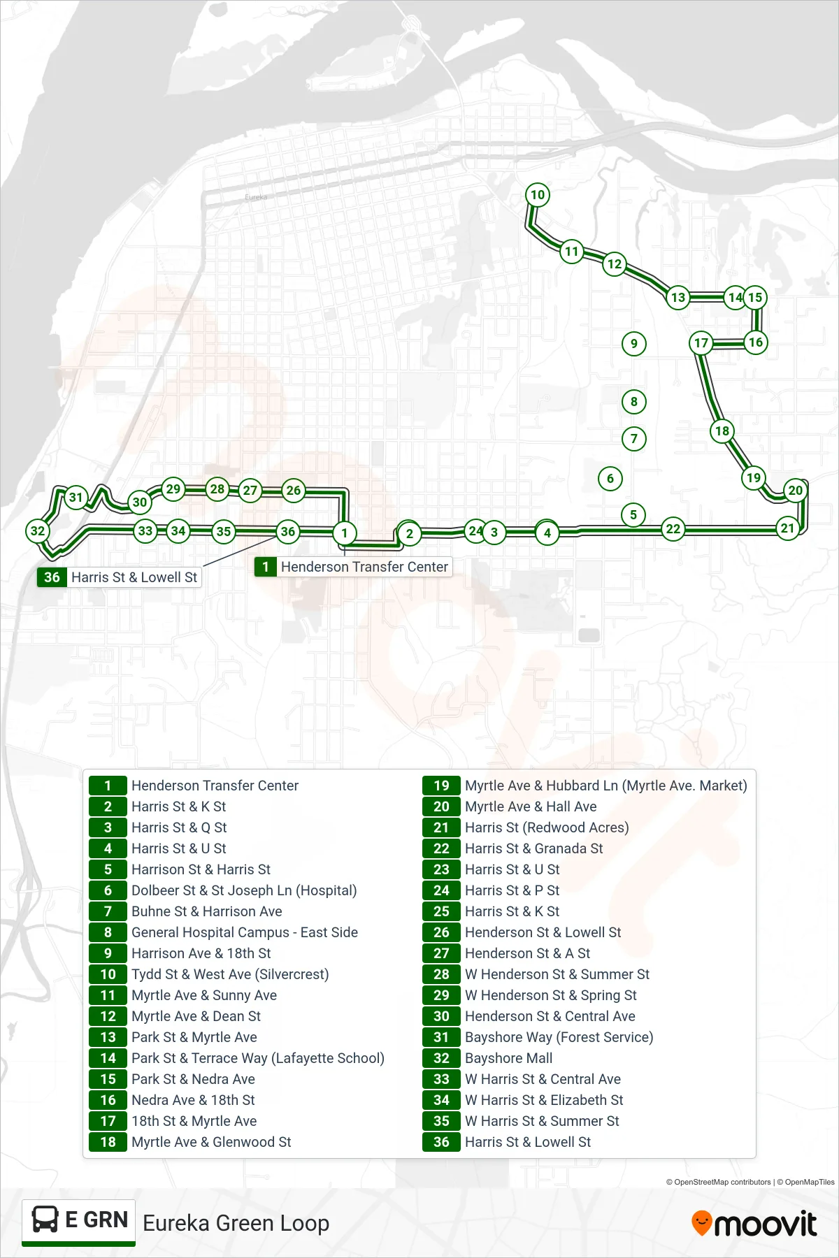 E GRN bus Line (Eureka Green Loop) route and stops on a map