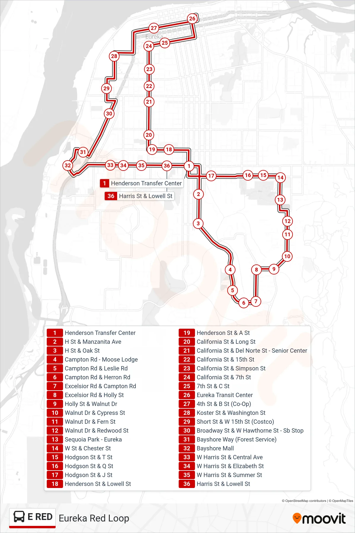 E RED bus Line (Eureka Red Loop) route and stops on a map