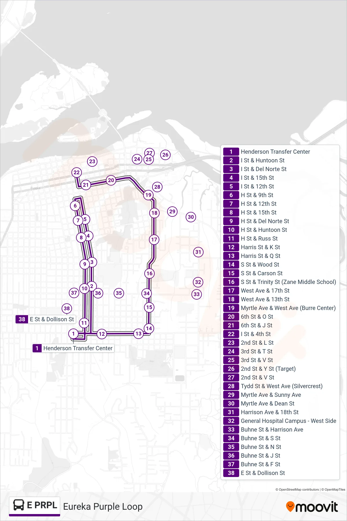 E PRPL bus Line (Eureka Purple Loop) route and stops on a map