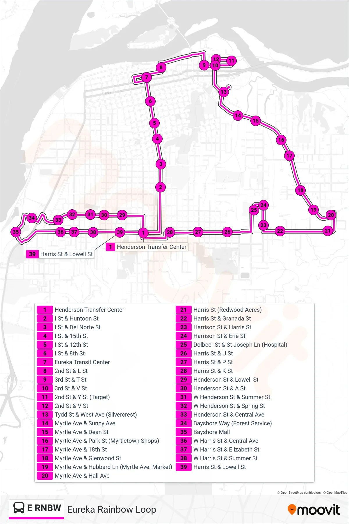 E RNBW bus Line (Eureka Rainbow Loop) route and stops on a map