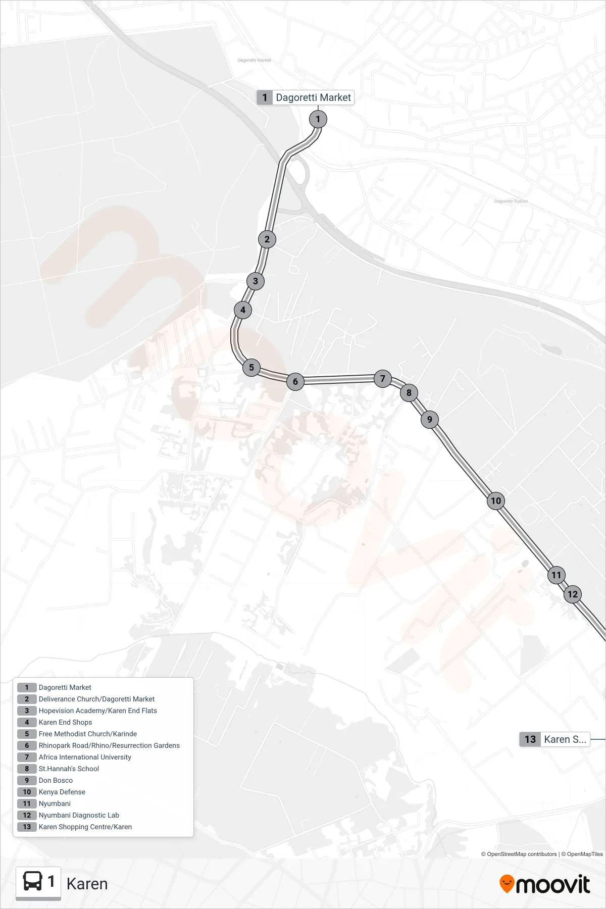 1 bus Line (Karen) route and stops on a map