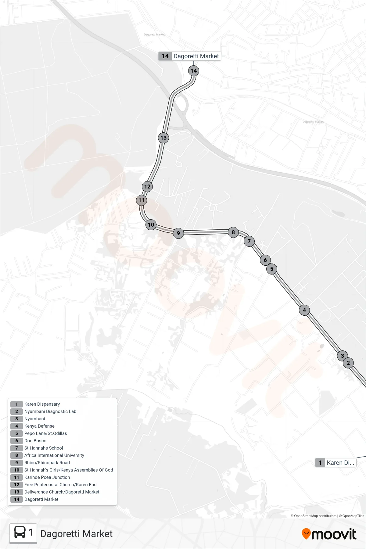 1 bus Line (Dagoretti Market) route and stops on a map