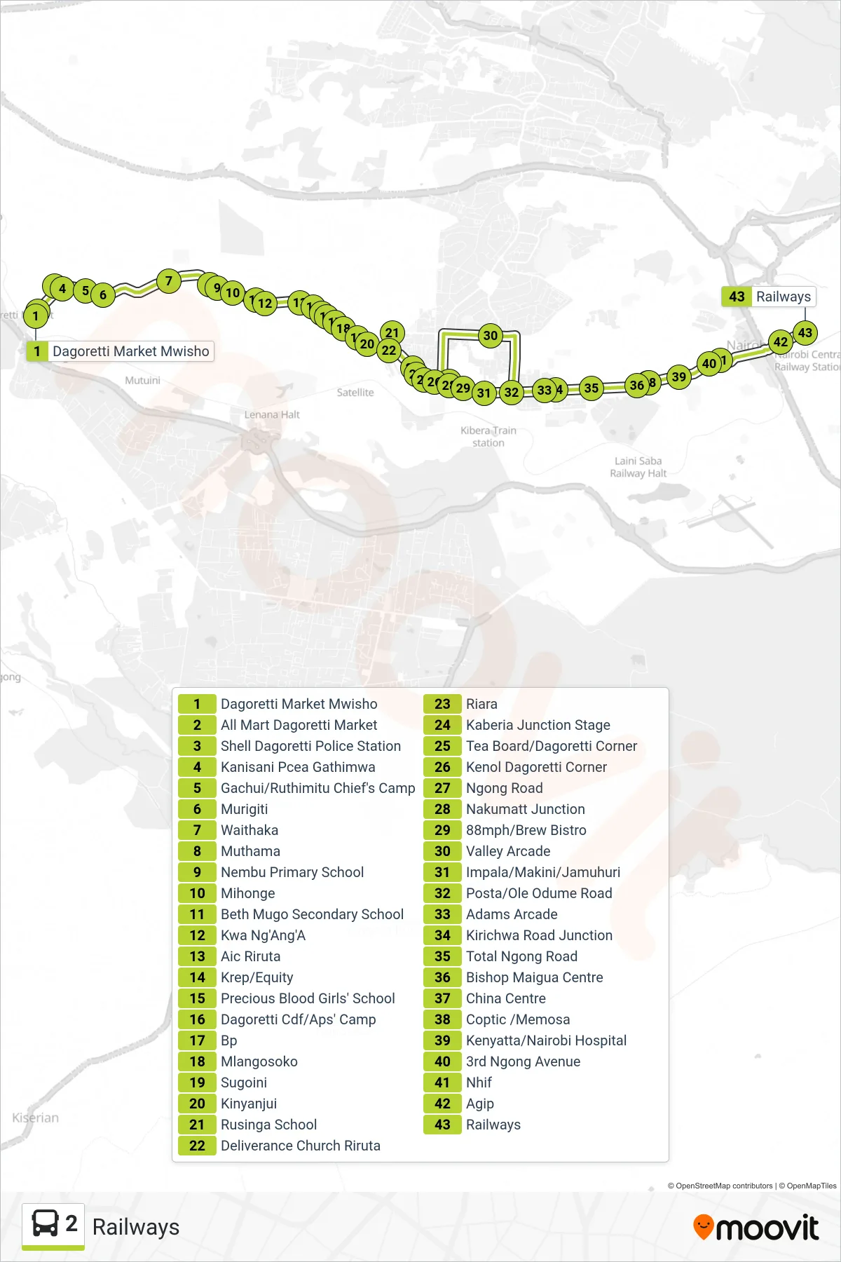 2 bus Line (Railways) route and stops on a map