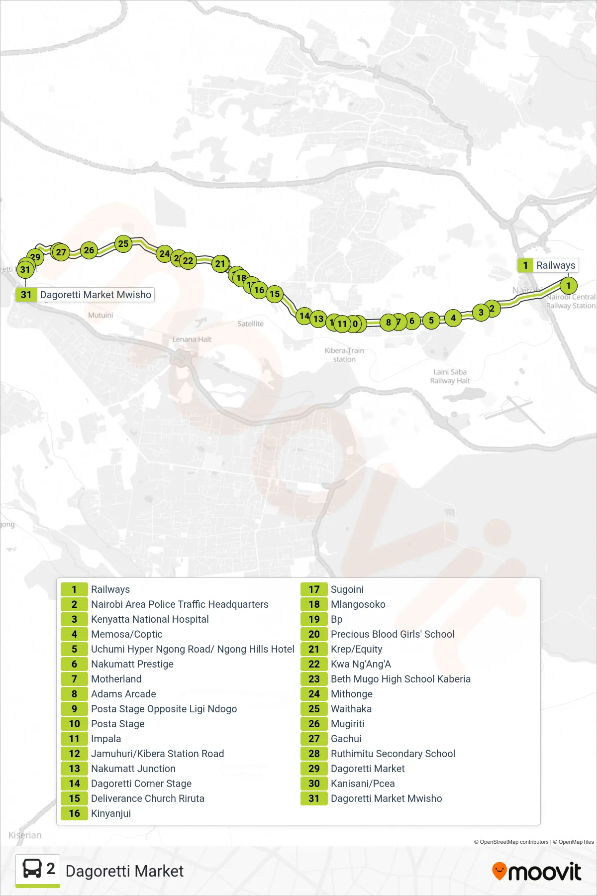 2 bus Line (Dagoretti Market) route and stops on a map