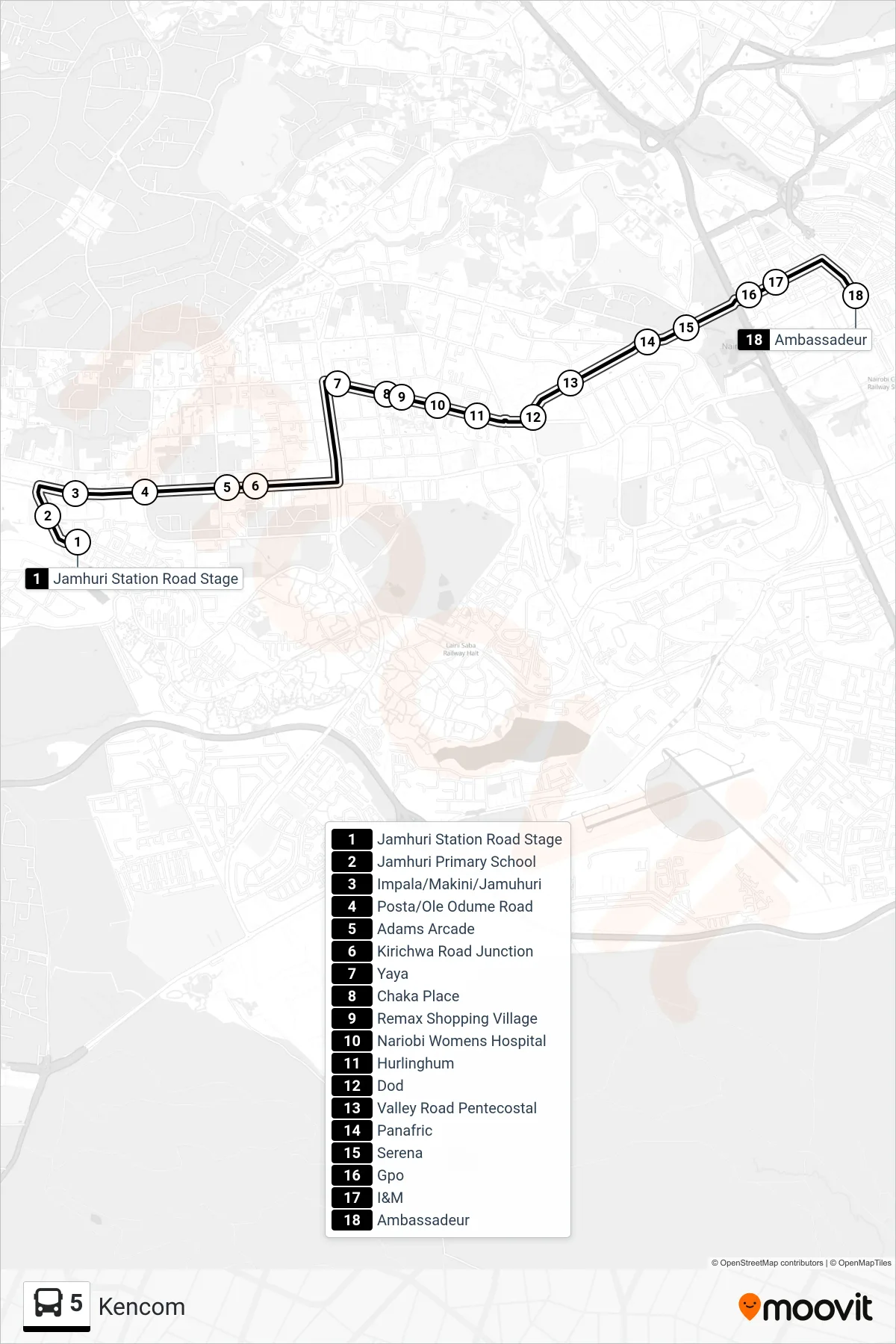 5 bus Line (Kencom) route and stops on a map