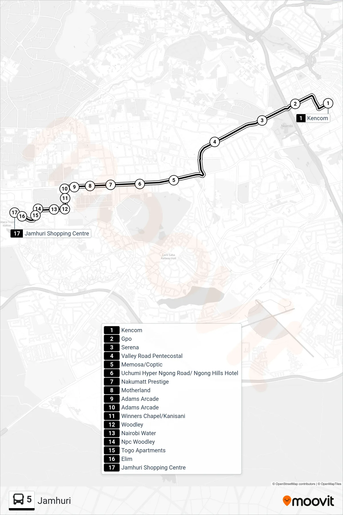 5 bus Line (Jamhuri) route and stops on a map