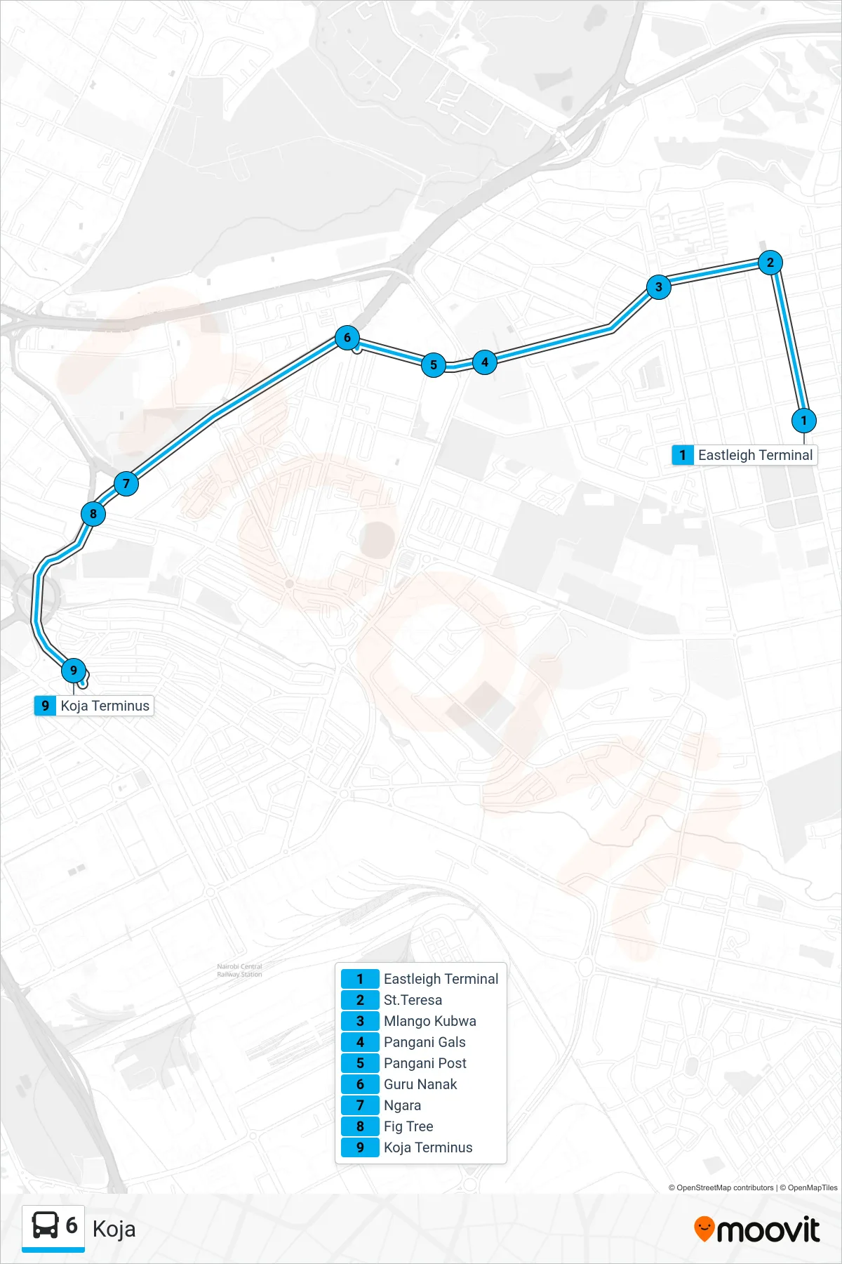 6 bus Line (Koja) route and stops on a map