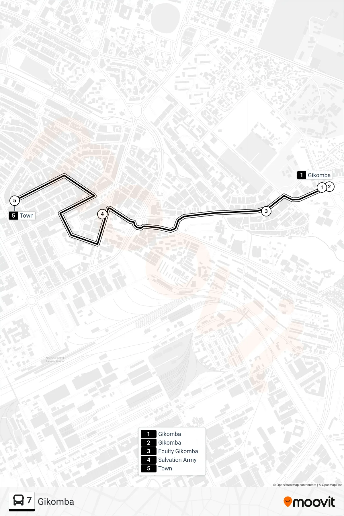 7 bus Line (Gikomba) route and stops on a map