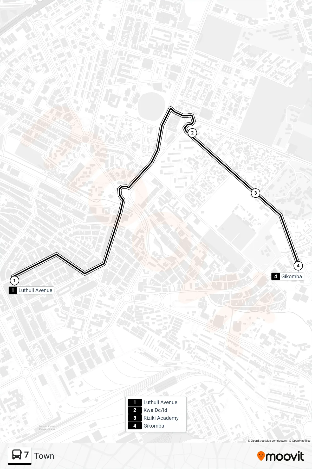 7 bus Line (Town) route and stops on a map