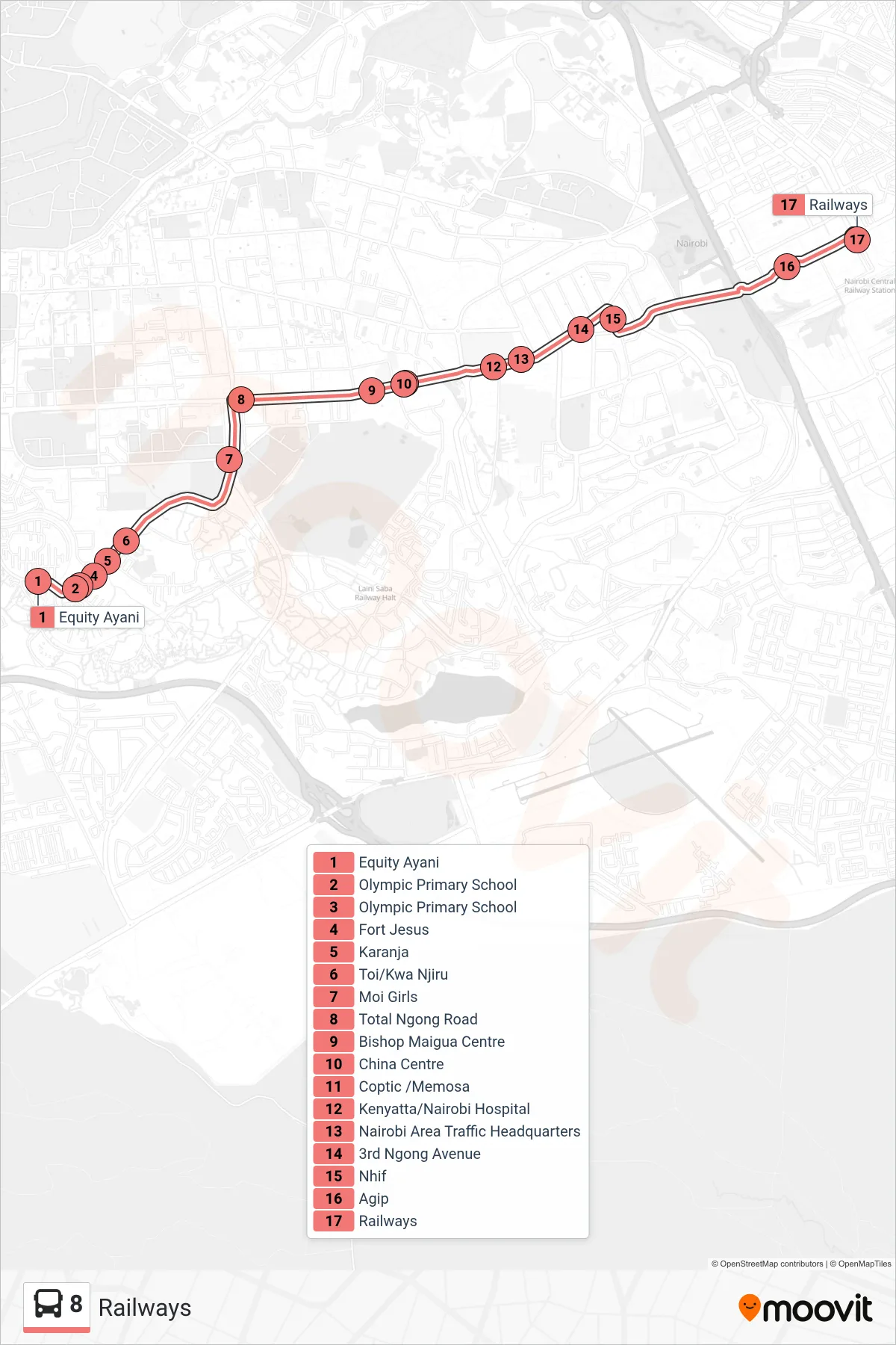 8 bus Line (Railways) route and stops on a map