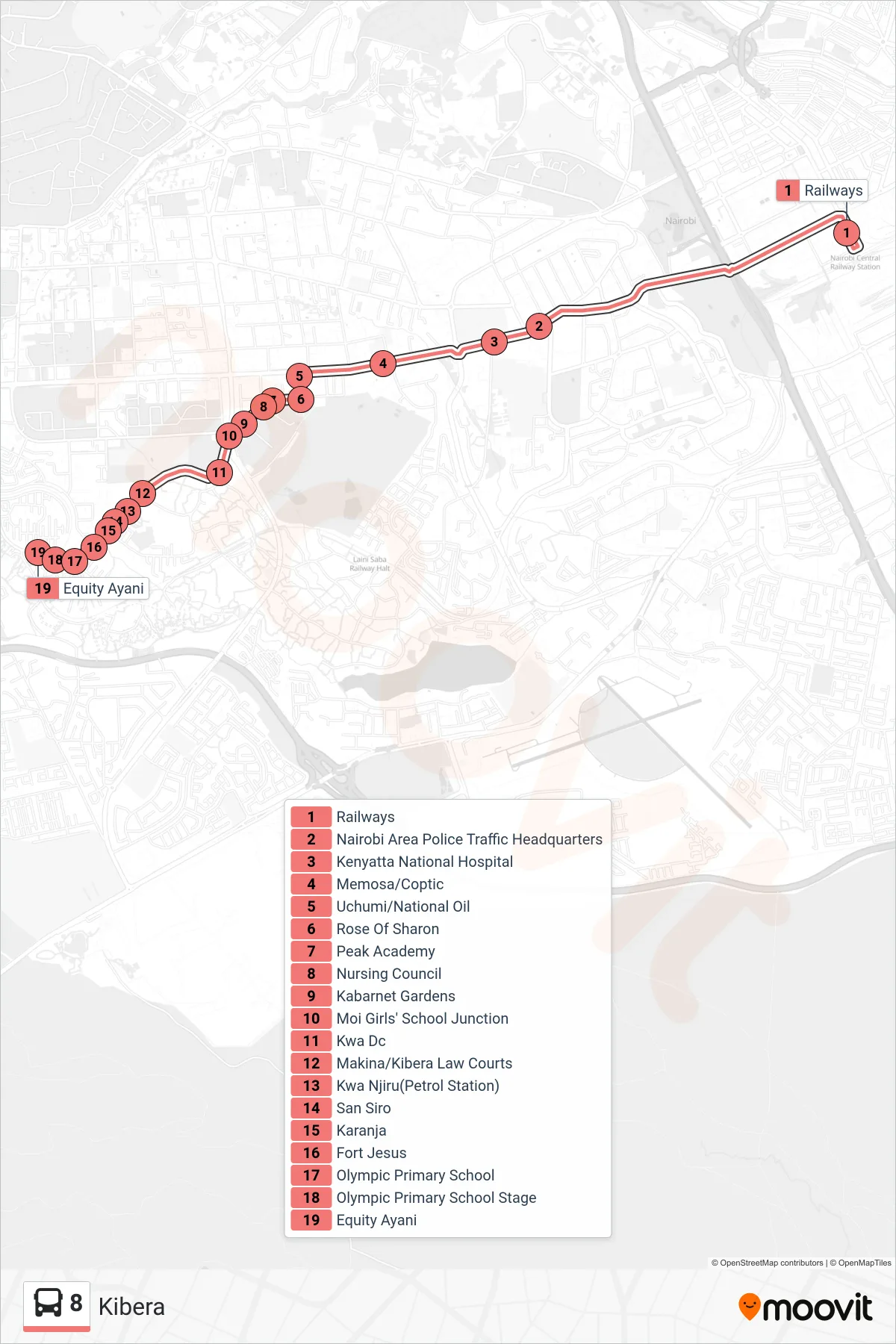 8 bus Line (Kibera) route and stops on a map