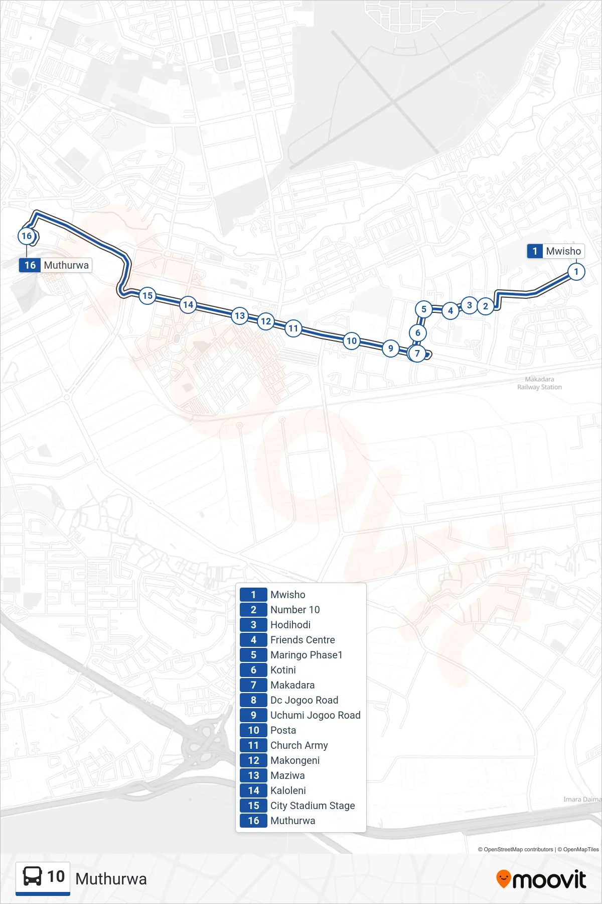 10 bus Line (Muthurwa) route and stops on a map