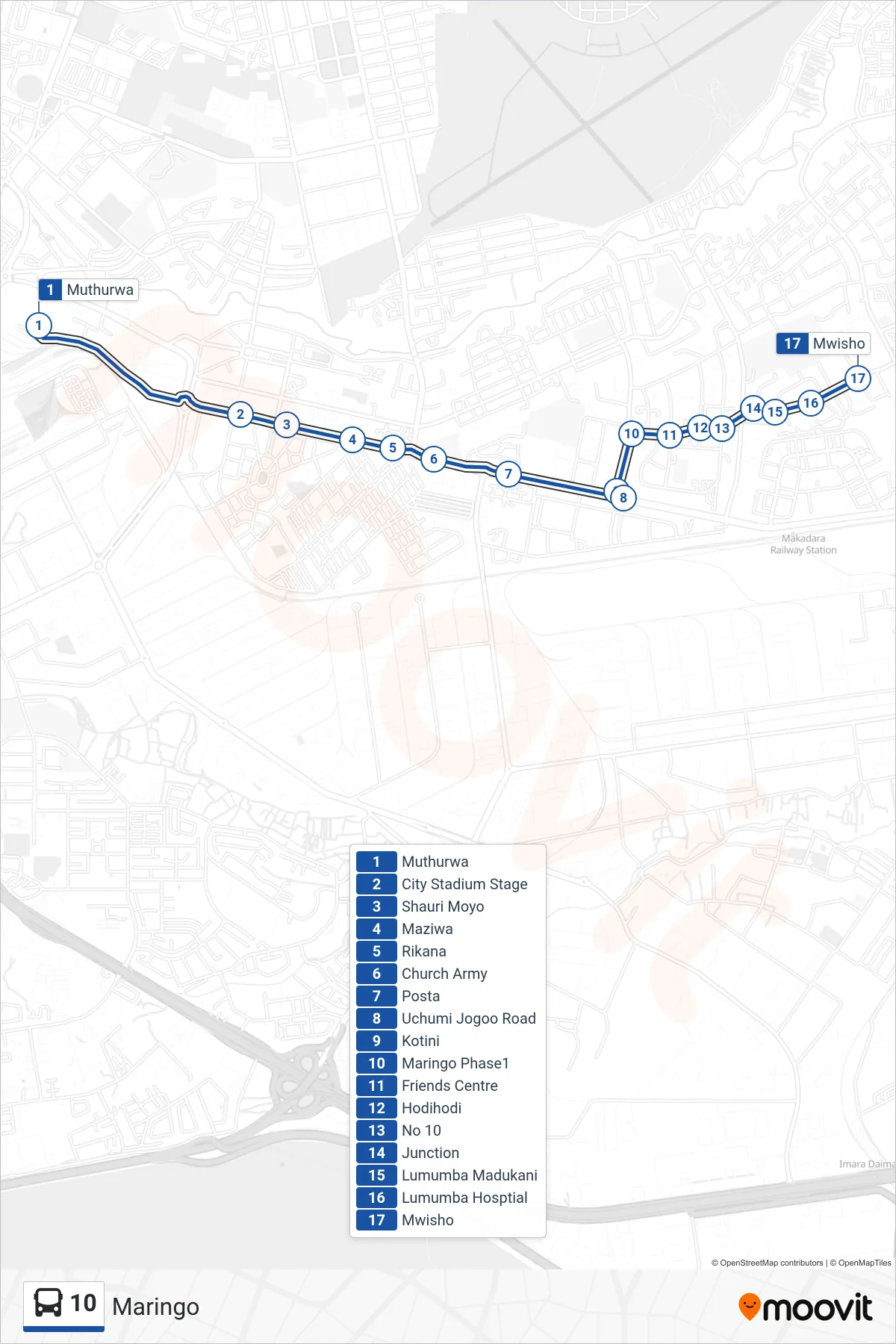 10 bus Line (Maringo) route and stops on a map