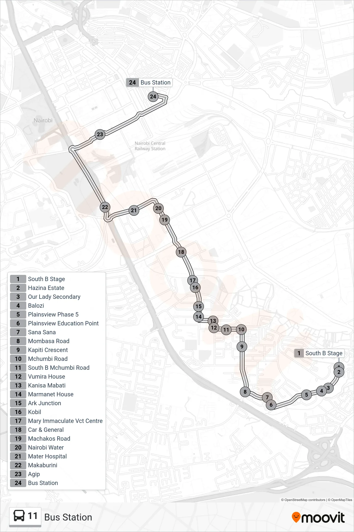 11 bus Line (Bus Station) route and stops on a map