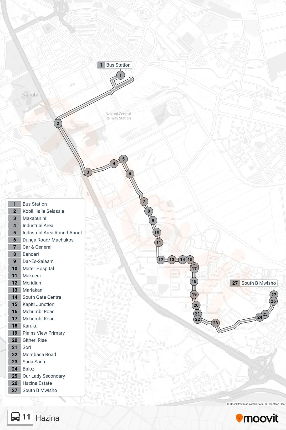 11 bus Line (Hazina) route and stops on a map