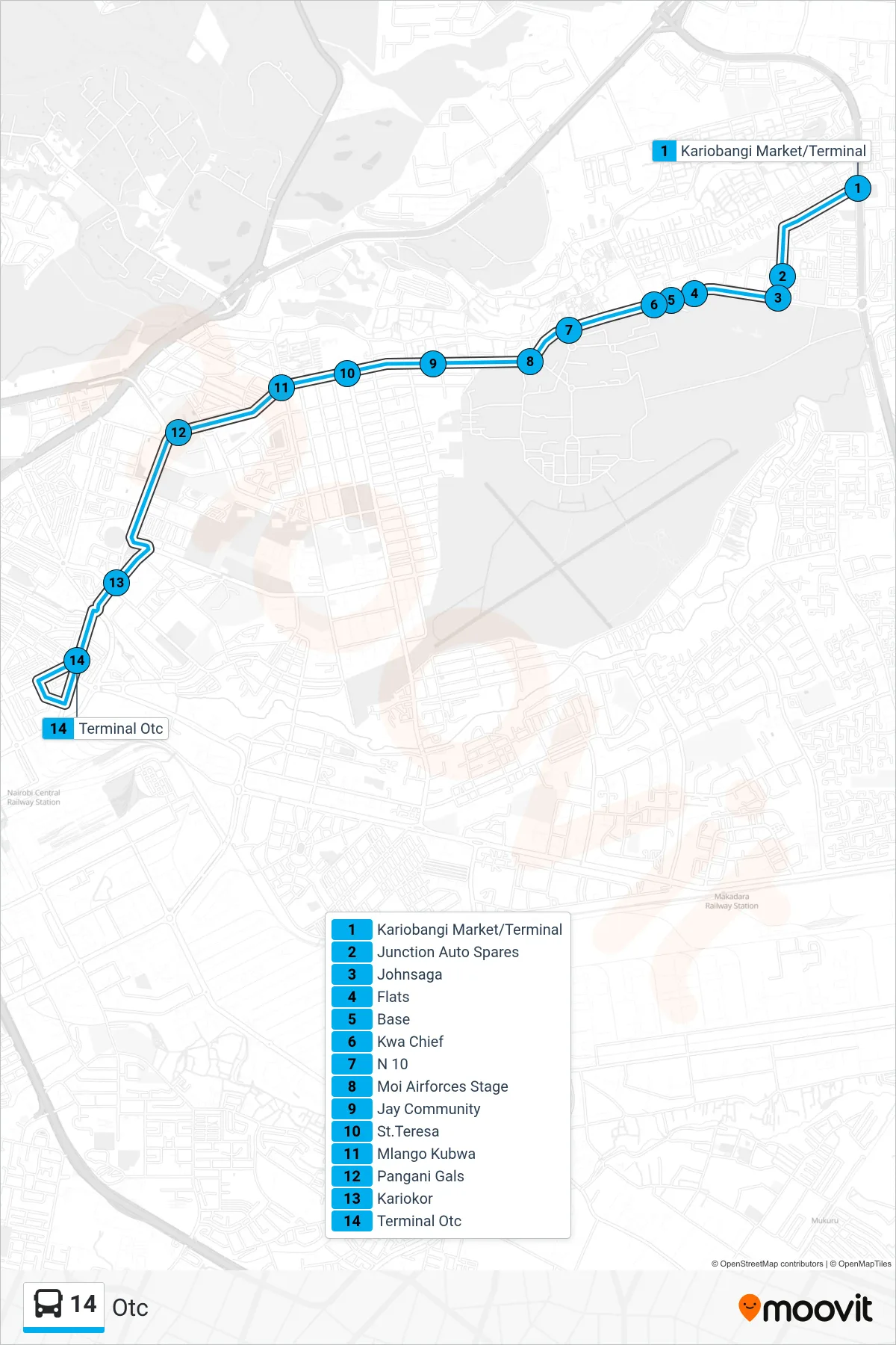 14 bus Line (Otc) route and stops on a map