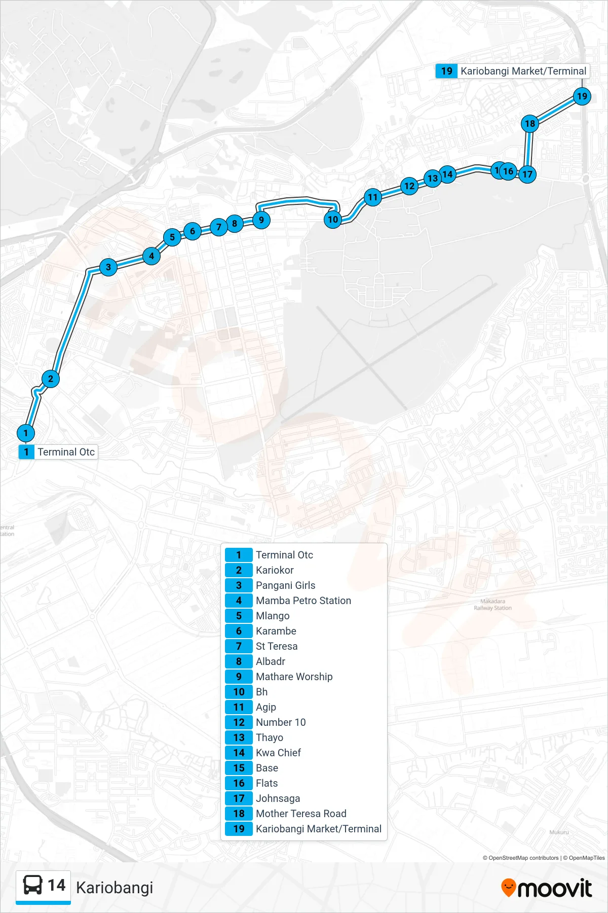 14 bus Line (Kariobangi) route and stops on a map