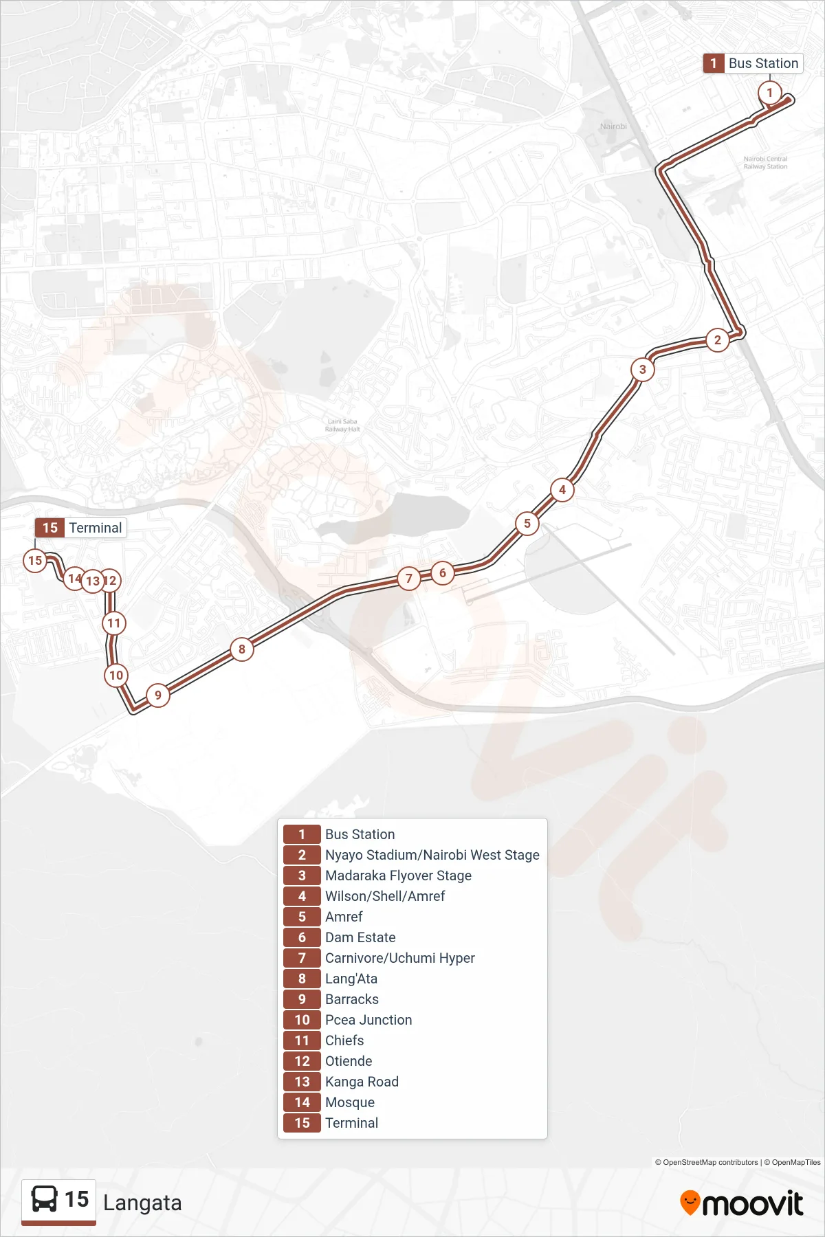 15 bus Line (Langata) route and stops on a map