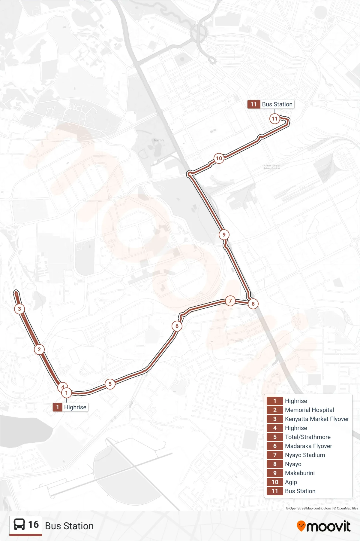 16 bus Line (Bus Station) route and stops on a map