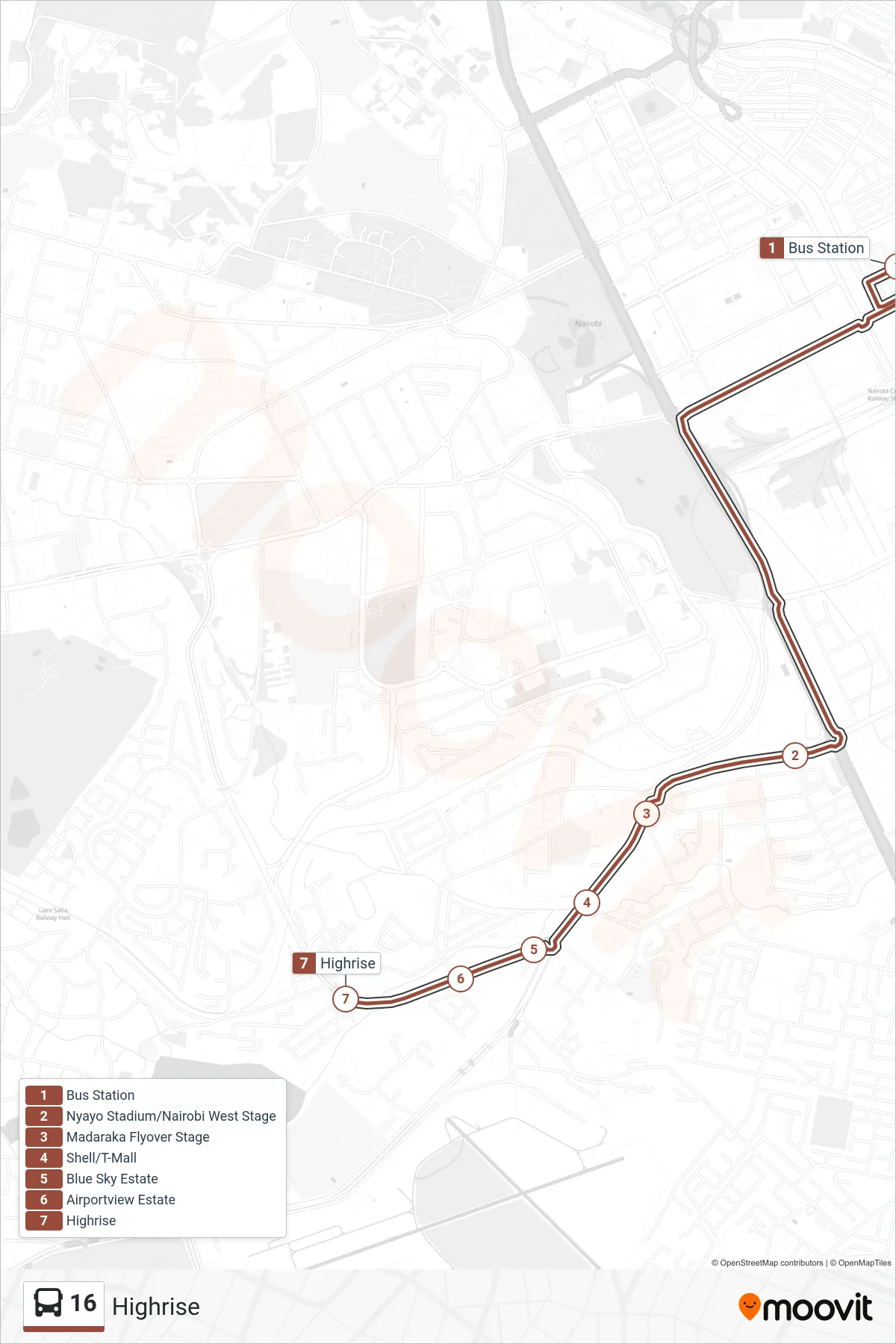 16 bus Line (Highrise) route and stops on a map