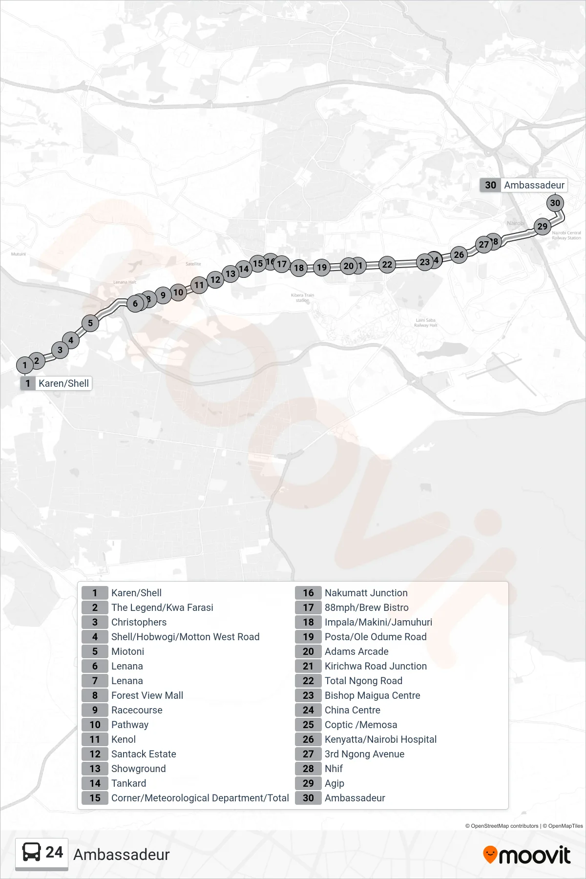 24 bus Line (Ambassadeur) route and stops on a map