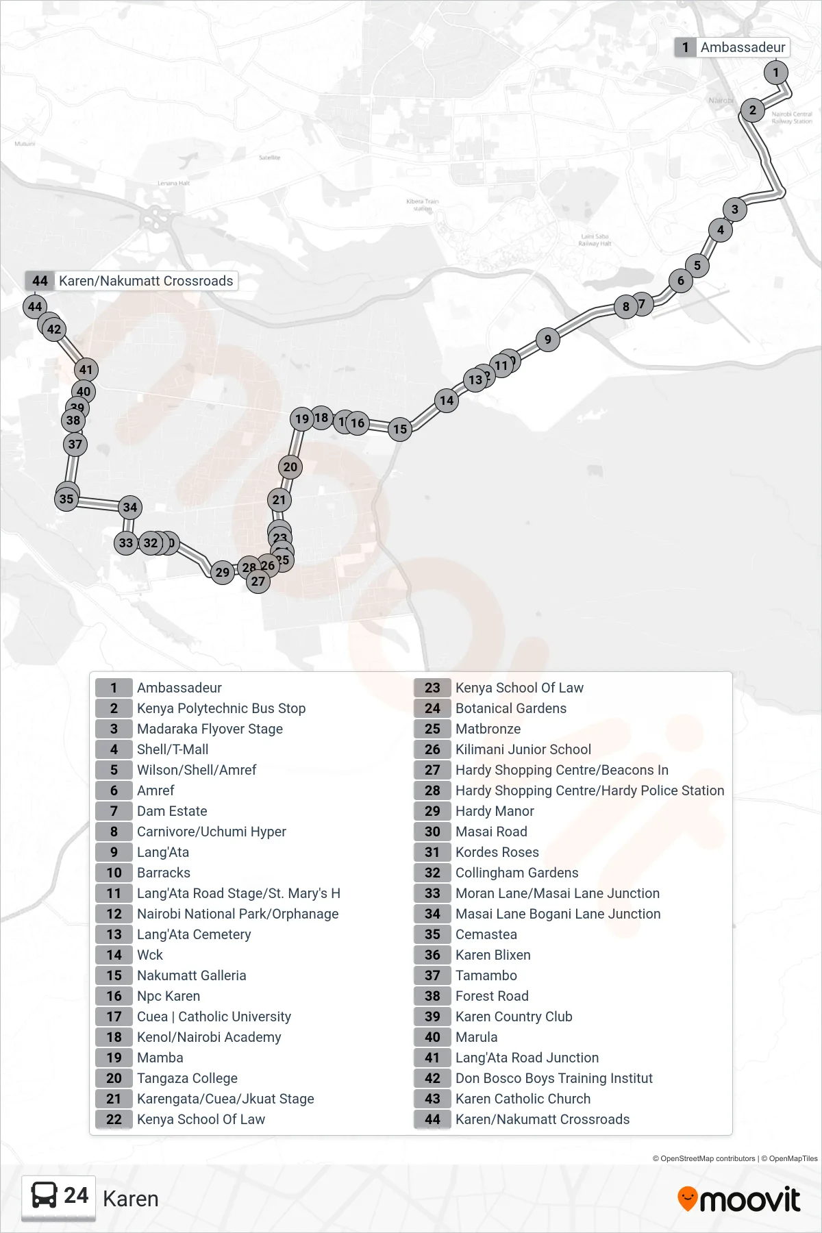 24 bus Line (Karen) route and stops on a map