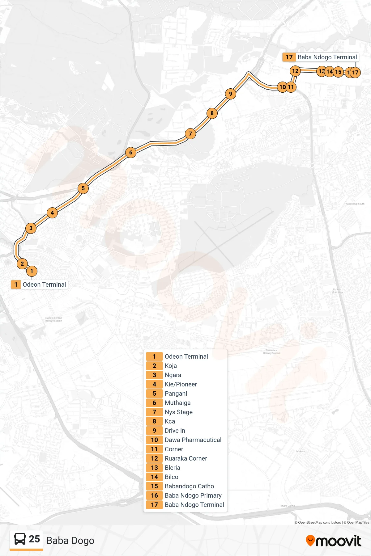 25 bus Line (Baba Dogo) route and stops on a map