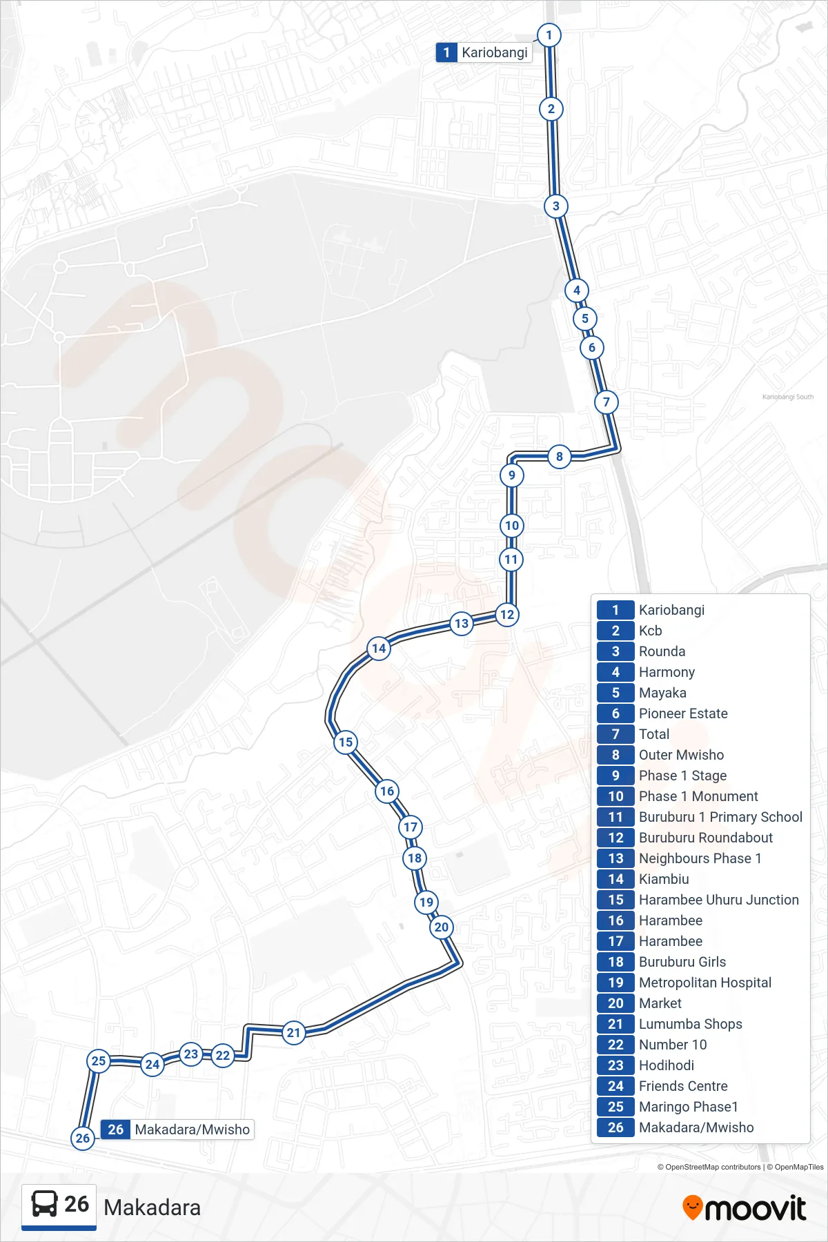 26 bus Line (Makadara) route and stops on a map