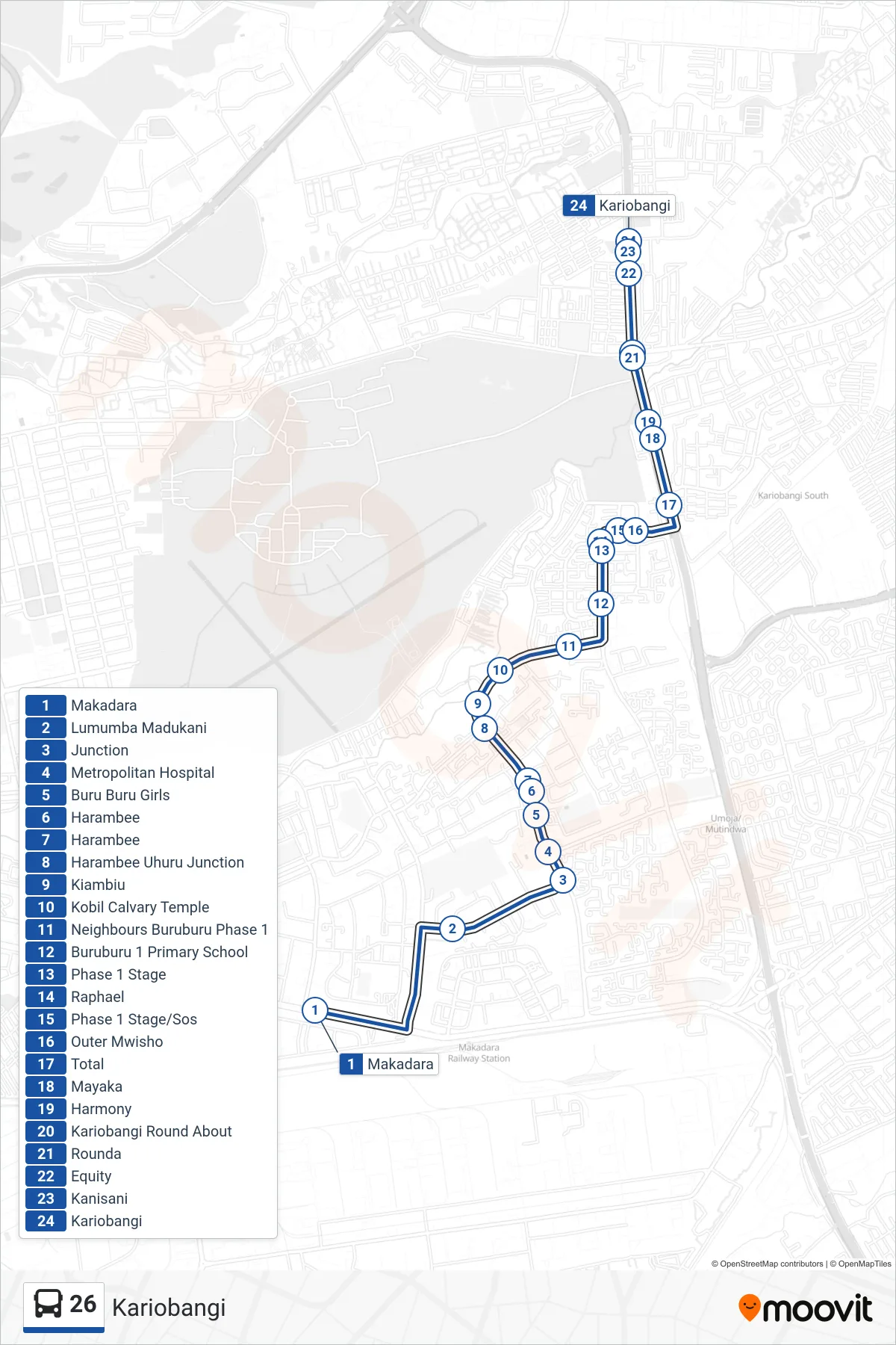 26 bus Line (Kariobangi) route and stops on a map
