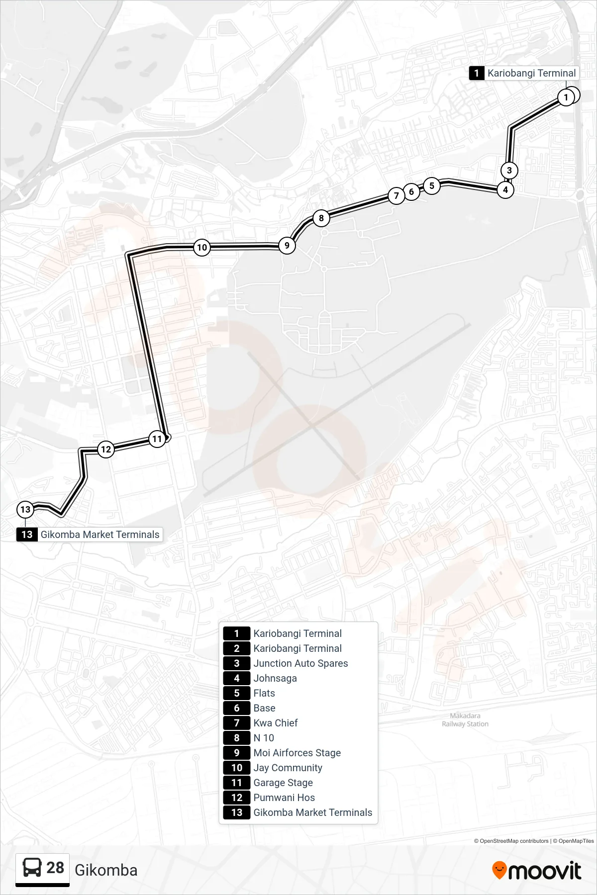 28 bus Line (Gikomba) route and stops on a map