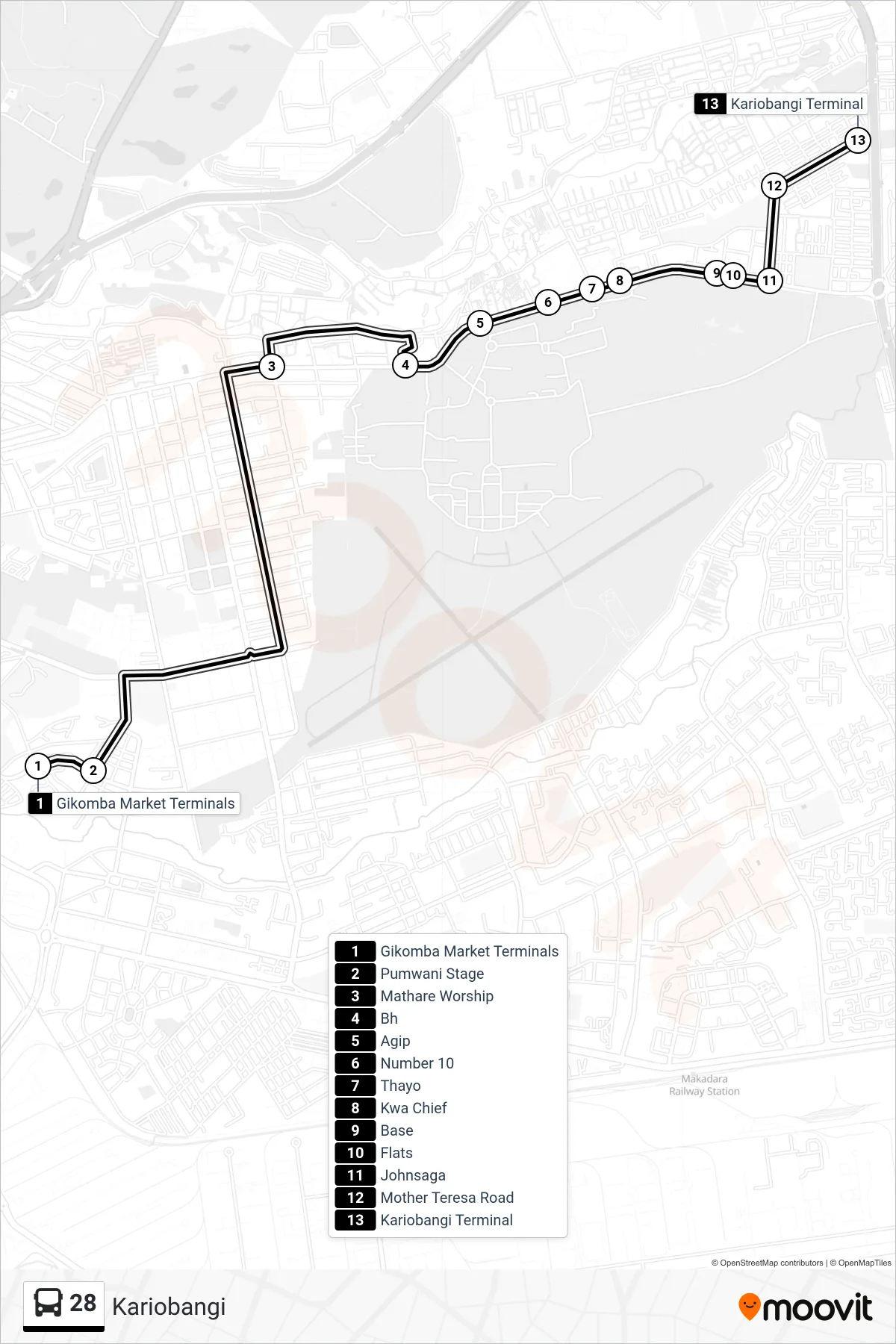 28 bus Line (Kariobangi) route and stops on a map