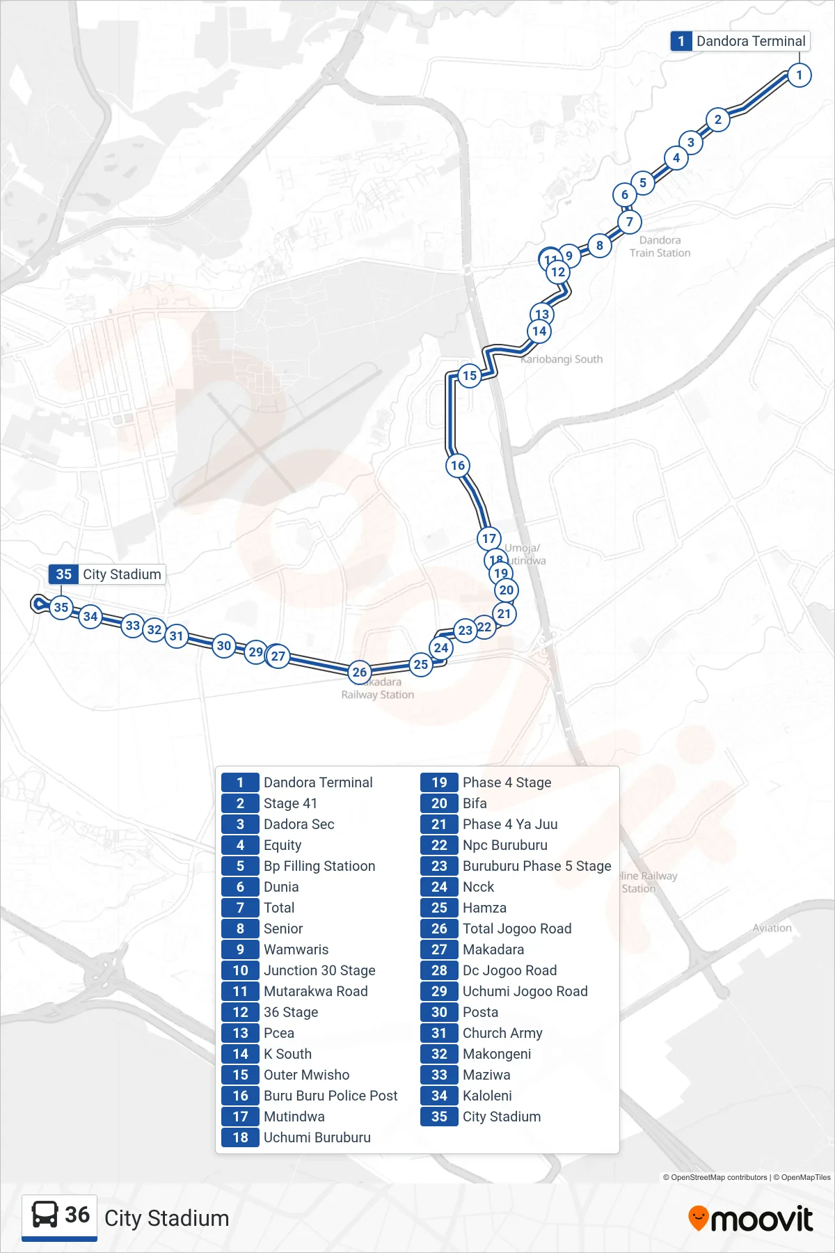 36 bus Line (City Stadium) route and stops on a map