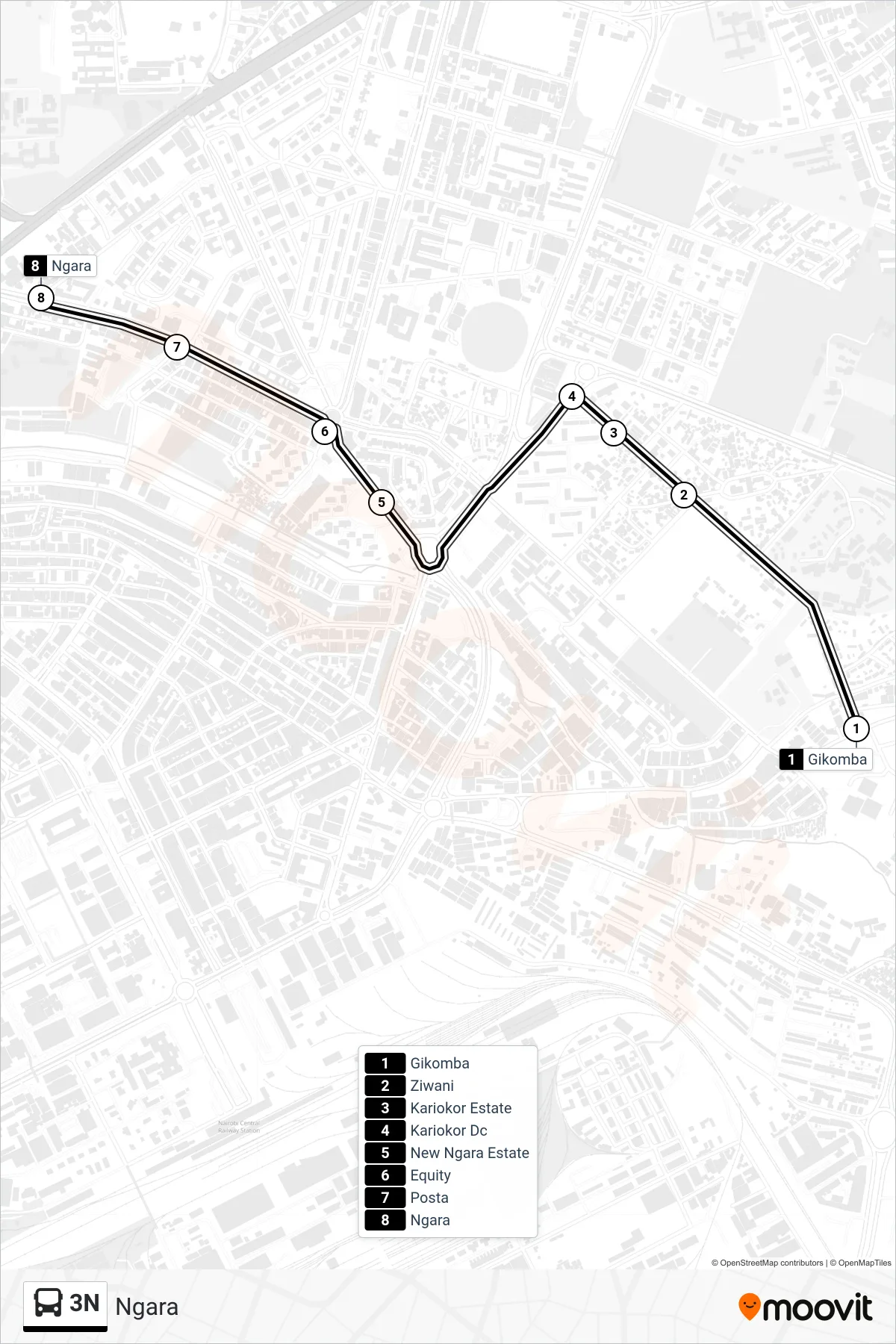 3N bus Line (Ngara) route and stops on a map