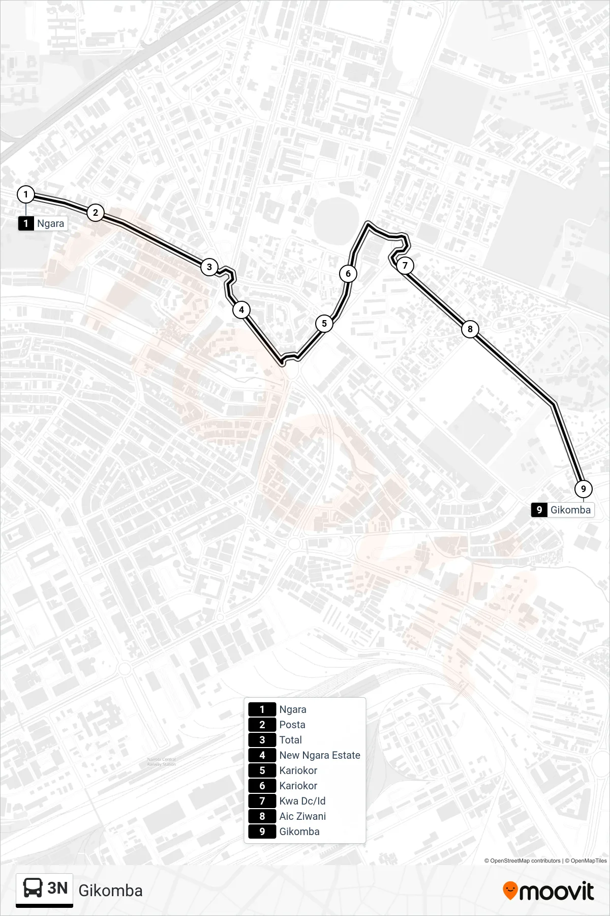 3N bus Line (Gikomba) route and stops on a map