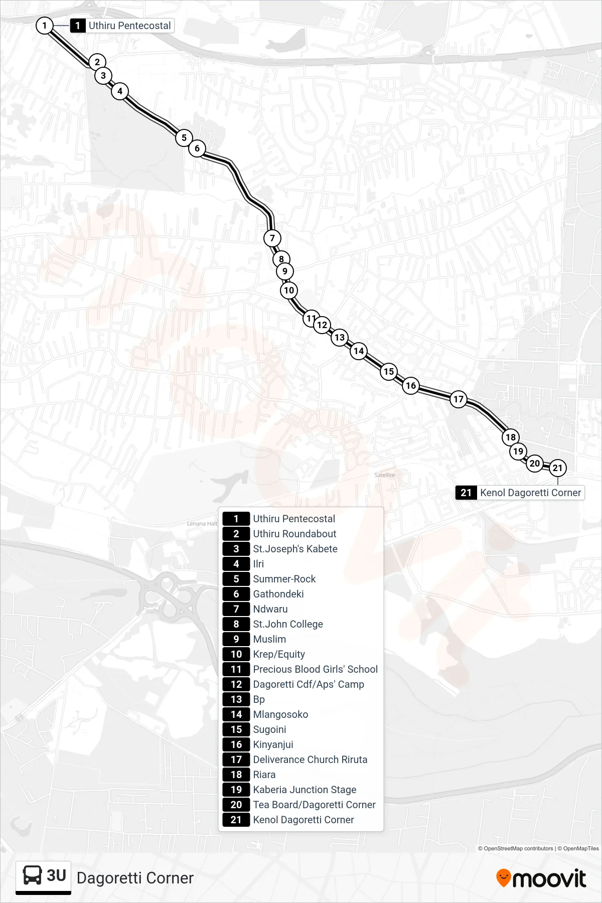 3U bus Line (Dagoretti Corner) route and stops on a map