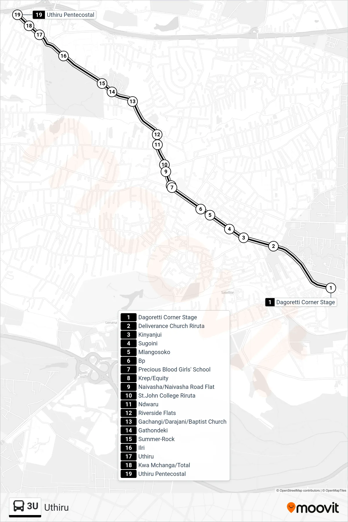 3U bus Line (Uthiru) route and stops on a map