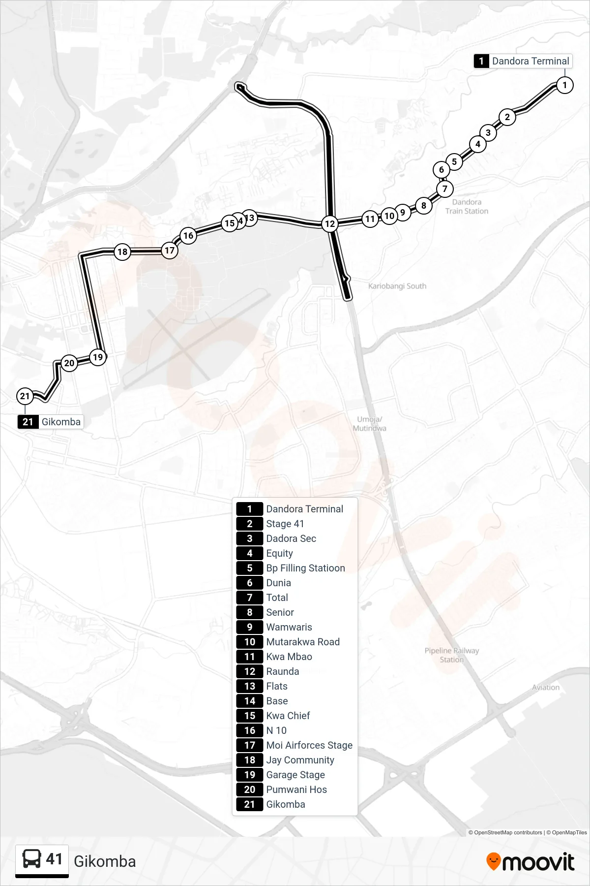 41 bus Line (Gikomba) route and stops on a map