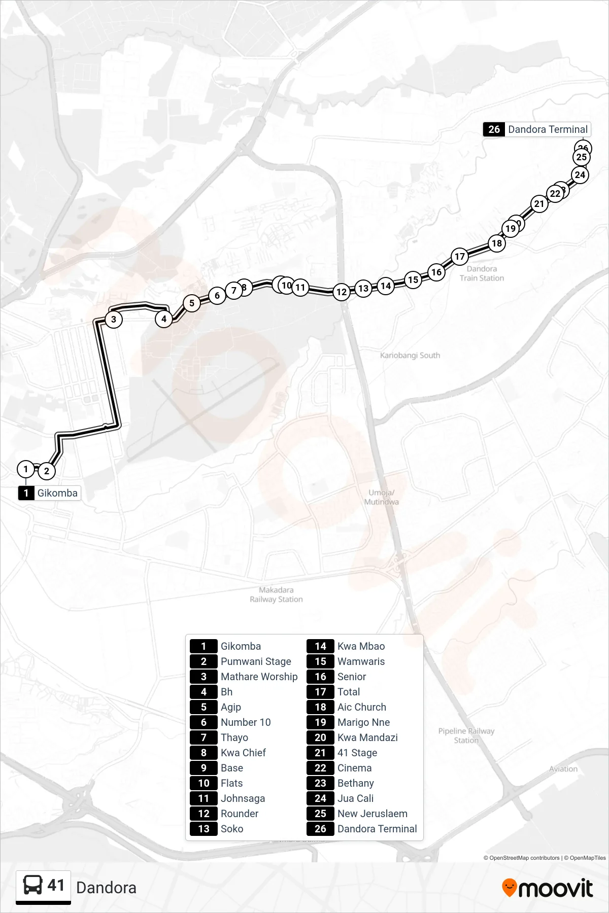 41 bus Line (Dandora) route and stops on a map