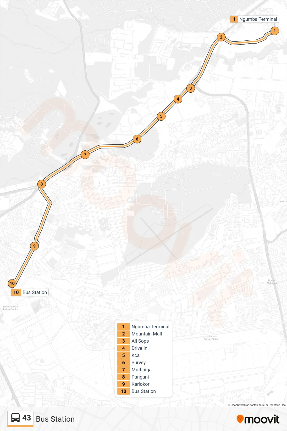 43 bus Line (Bus Station) route and stops on a map