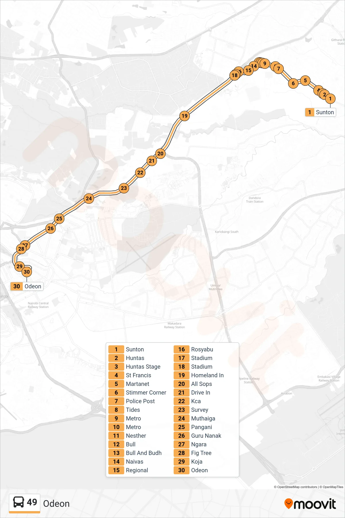 49 bus Line (Odeon) route and stops on a map
