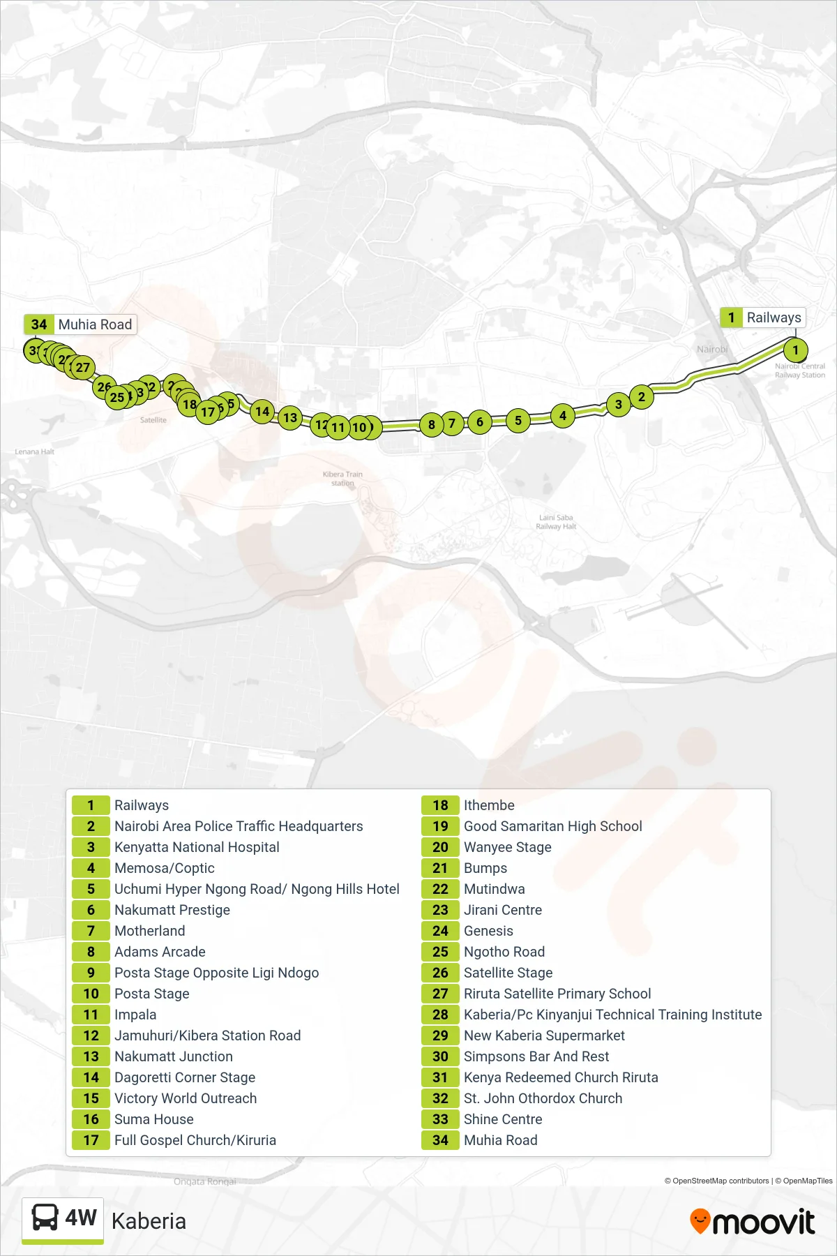 4W bus Line (Kaberia) route and stops on a map