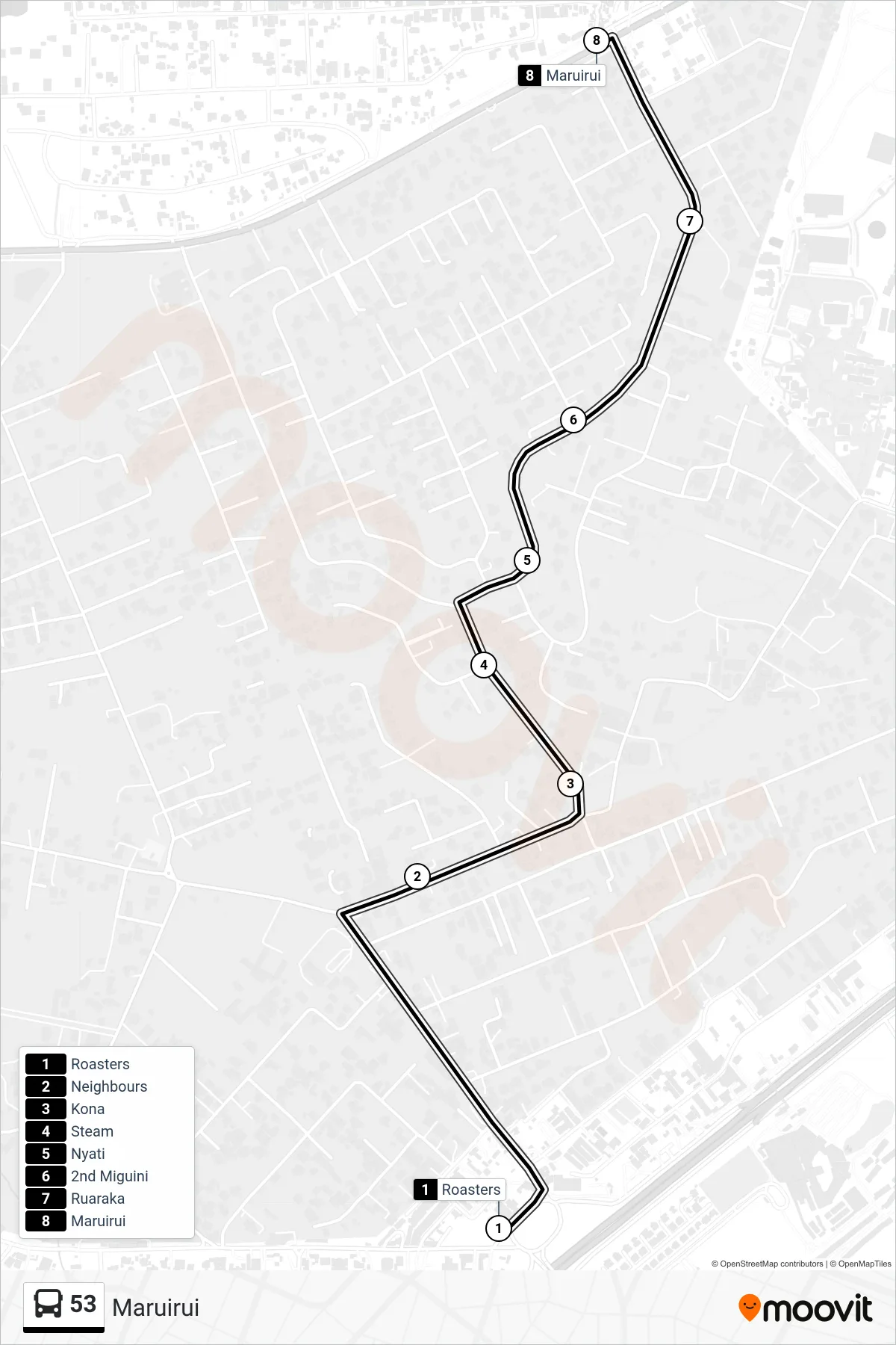 53 bus Line (Maruirui) route and stops on a map