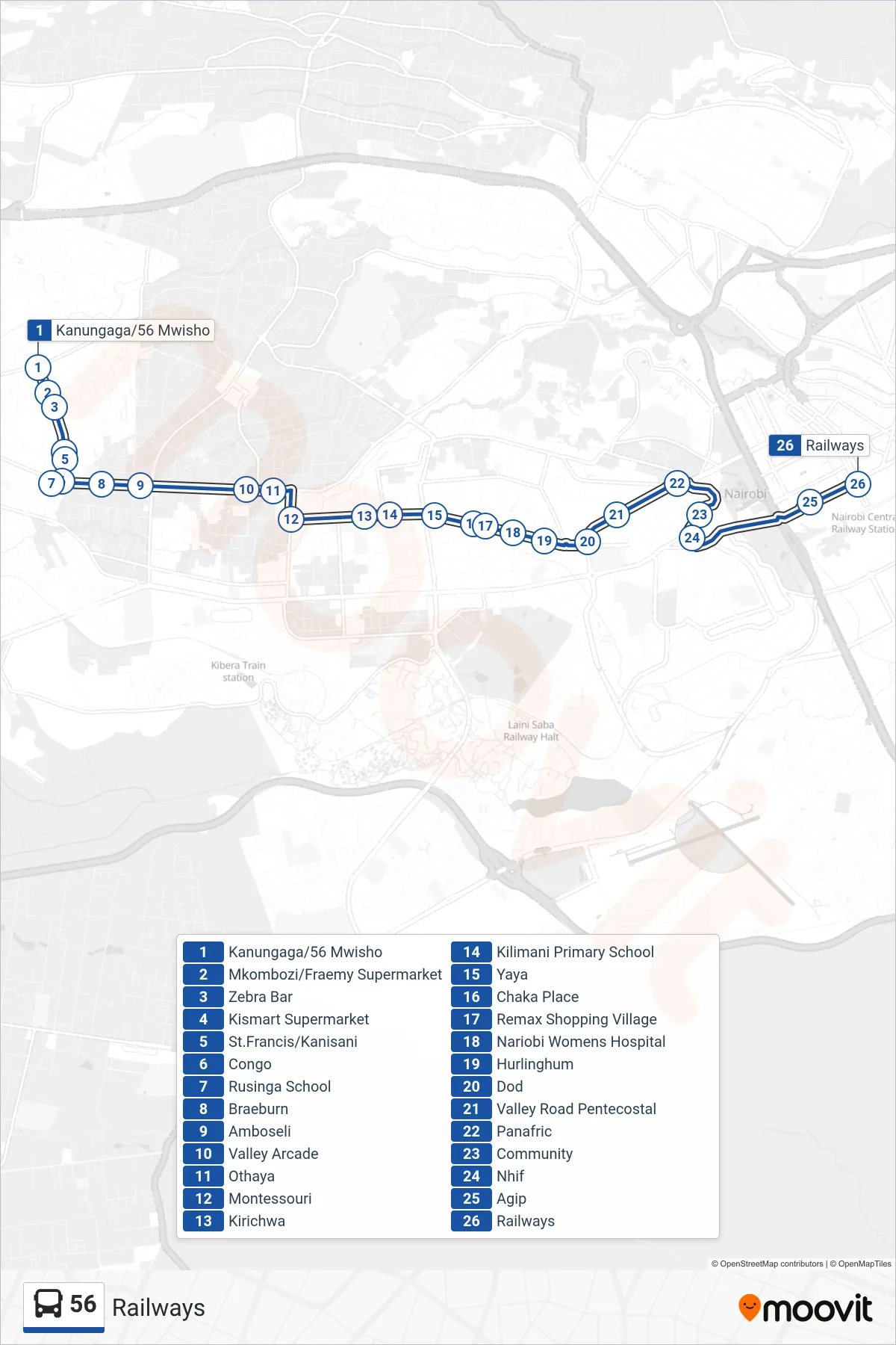 56 bus Line (Railways) route and stops on a map