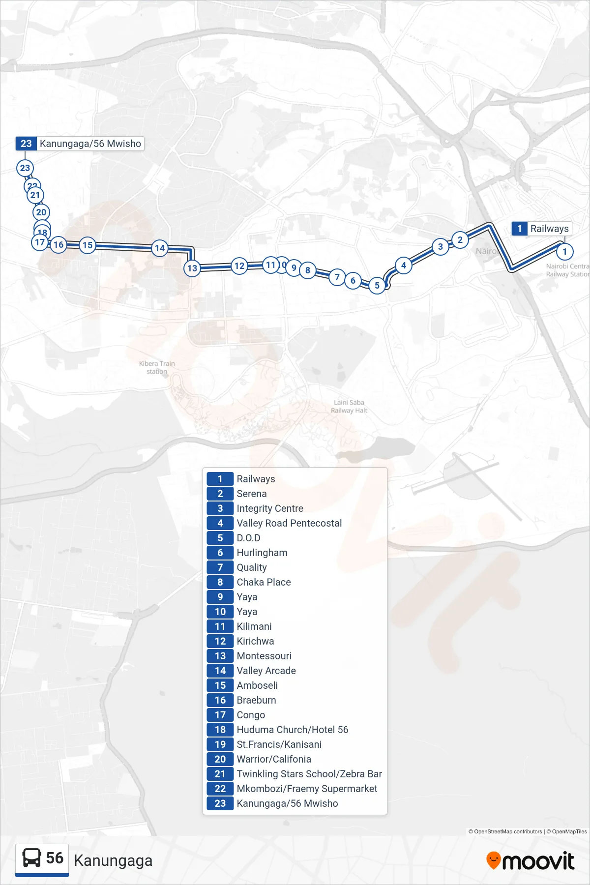 56 bus Line (Kanungaga) route and stops on a map