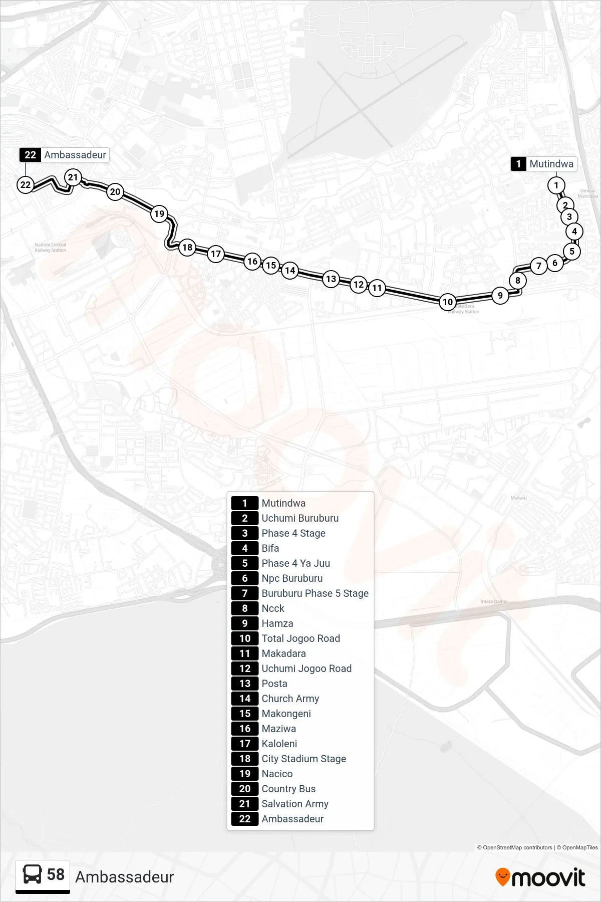 58 bus Line (Ambassadeur) route and stops on a map