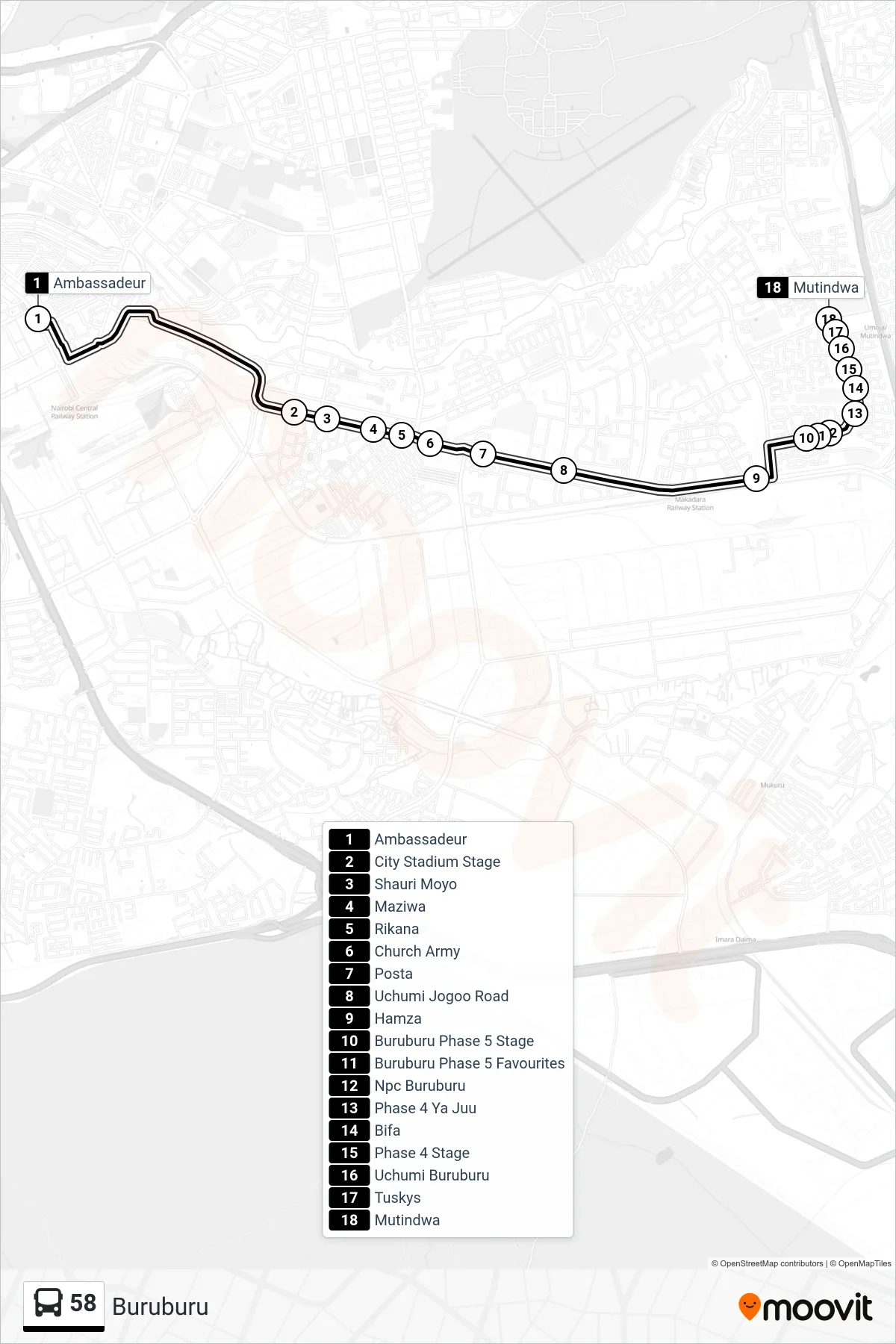 58 bus Line (Buruburu) route and stops on a map