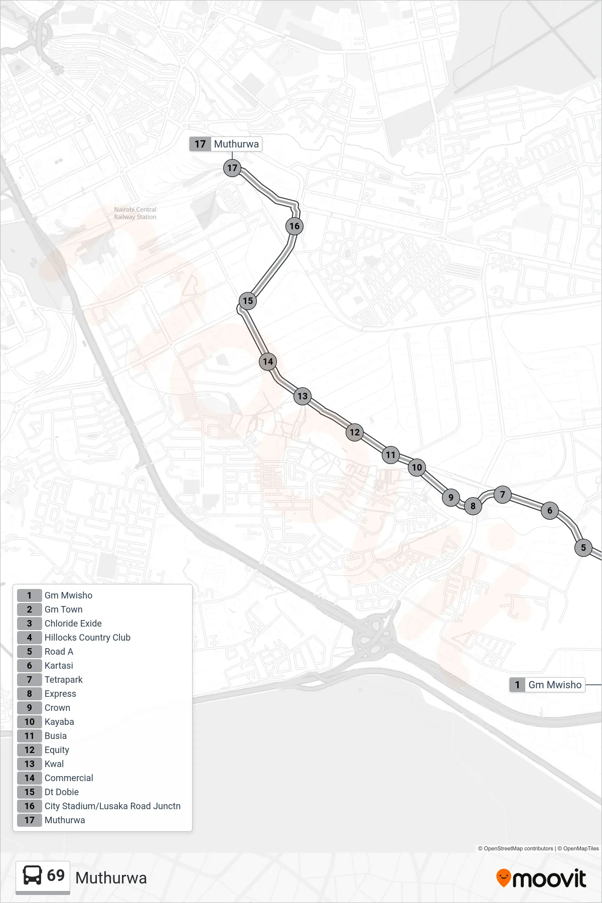 69 bus Line (Muthurwa) route and stops on a map