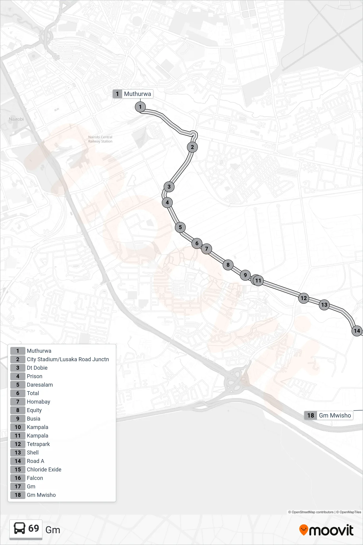69 bus Line (Gm) route and stops on a map